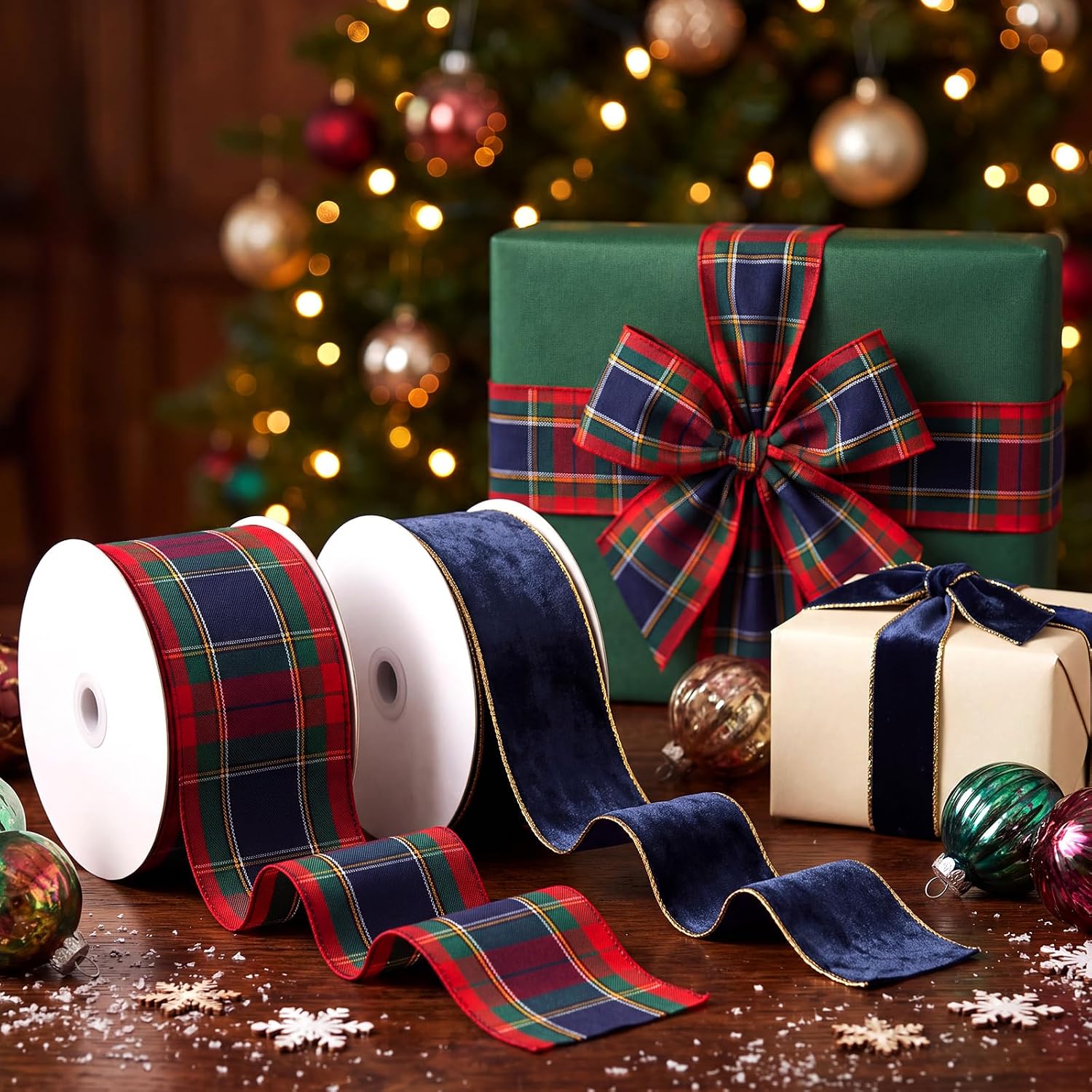 Dilunave 2 Rolls Christmas Wired Ribbon, 4 Inch 2.5 Inch 30Yards, Navyblue
