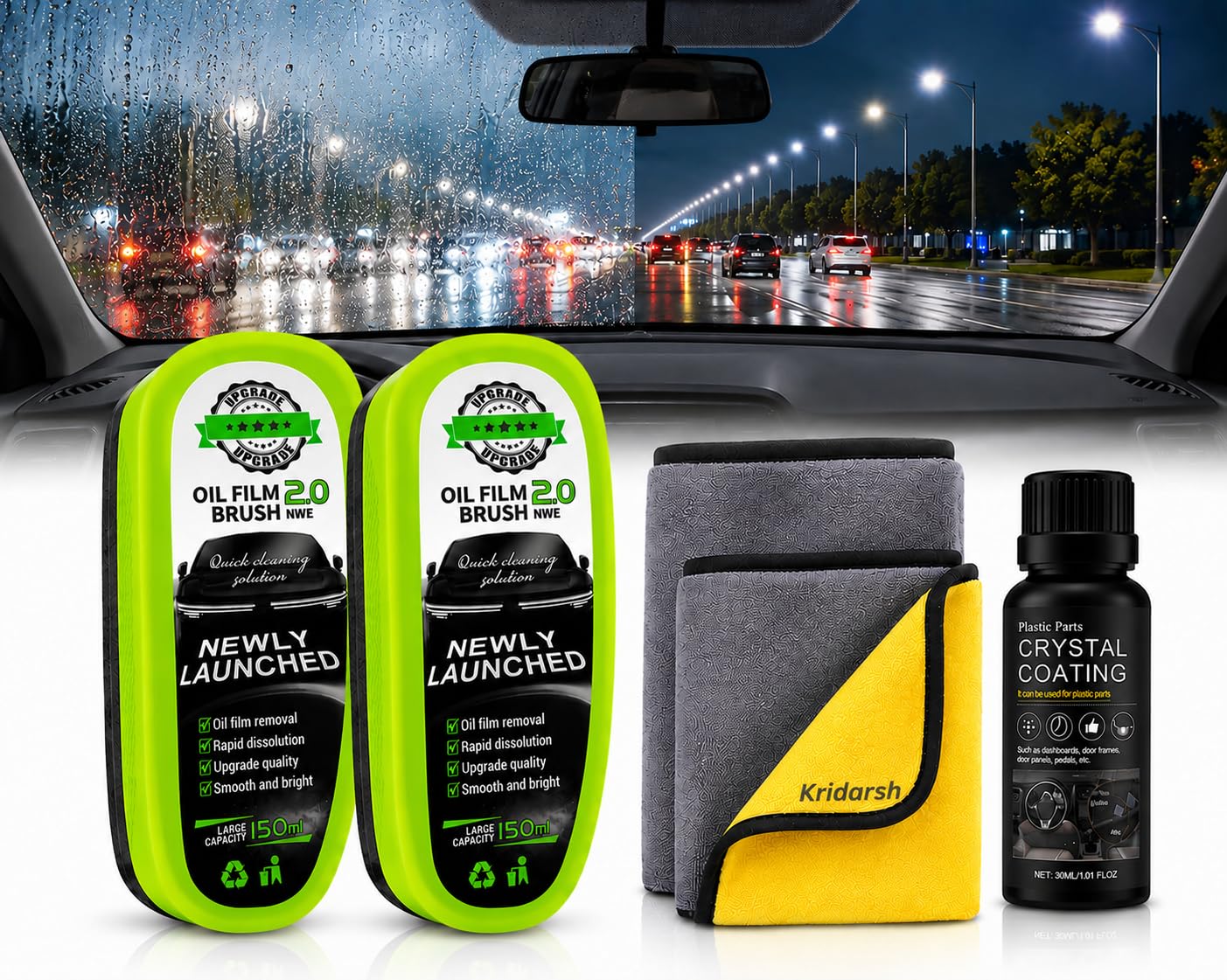 5 in 1 Car Windshield Cleaning Combo Kit | 2 Oil Film Remover Brushes, 2 Premium Microfiber Cloths & Crystal Coating Bottle 30ml | Rain Repellent, Fog Remover, Glass Cleaner for Cars & SUVs-image-18