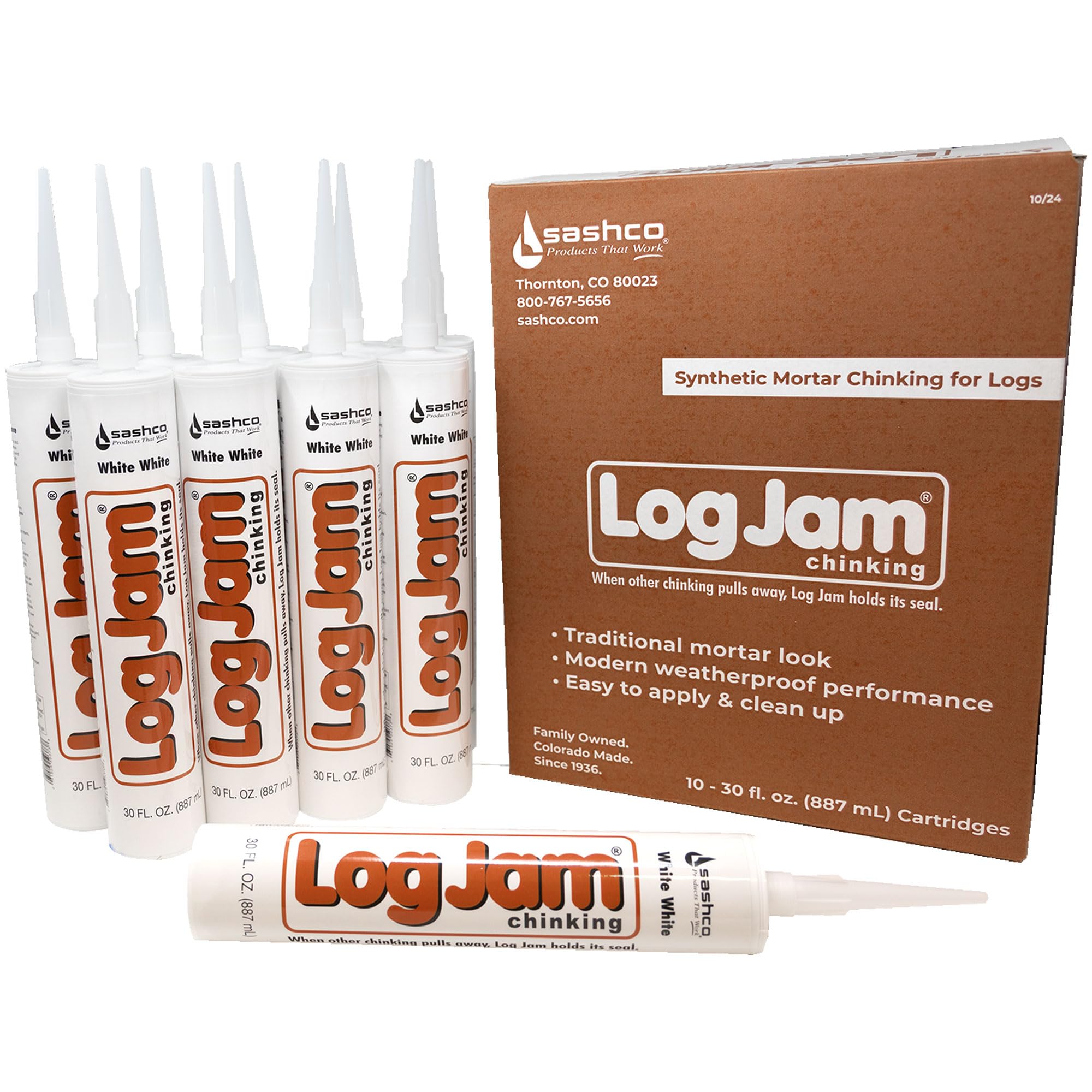 Sashco Log Jam Acrylic Latex Chinking Caulk, 30 oz Cartridge, White White (Pack of 10)