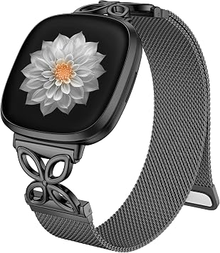 JKD Floral Shape Metal Band Compatible with Fitbit Versa 4/Versa 3/Sense/Sense 2 Bands for Women Men, Mesh Straps Stainless Steel Sports Wristband for Fitbit Sense 2/Versa 4/Versa 3 Smartwatch, Black