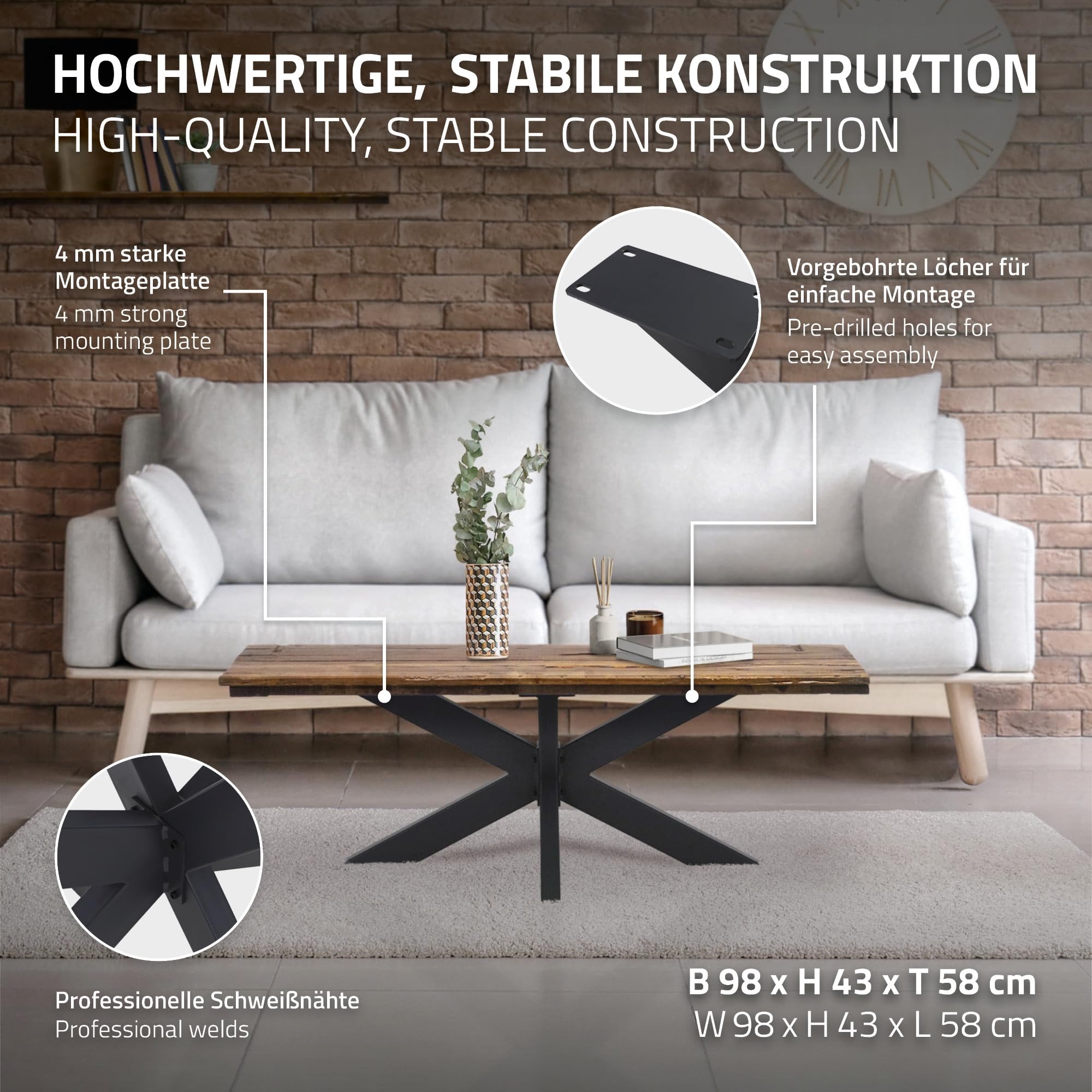 ML-Design Pied de Table Spider 58x43x98 cm, Structure en Croix, Noir, en Métal, Revêtement en Poudre, 150 kg, Design Industriel, Protection du Sol Inclus, Construction Robuste, Matériel de Fixation