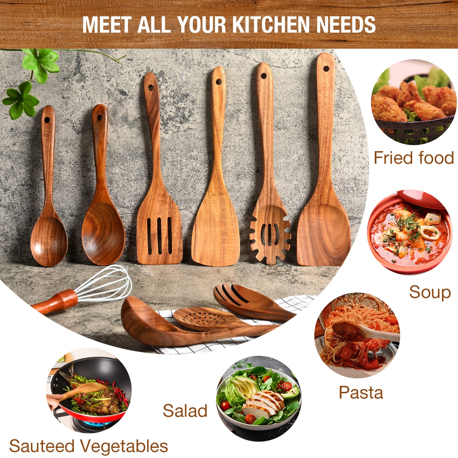 Premium Teakholzlöffel zum Kochen, 10-teiliges antihaftbeschichtetes Küchenhelfer-Set, hitzebeständige Holzlöffel, Schöpflöffel, Pfannenwender, mit 7 Edelstahl-Haken für Organisation