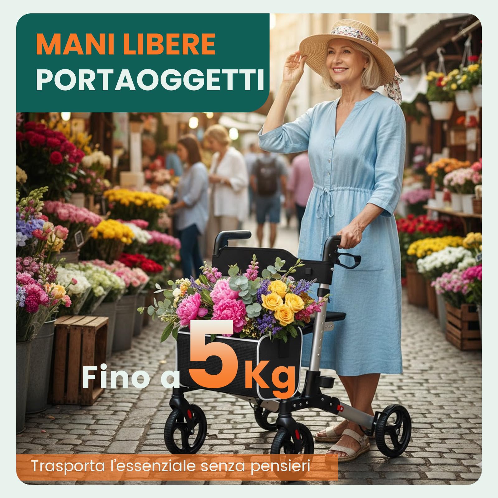 Rollator con seduta, Rollator a 4 ruote pieghevole per adulti, Portata fino a 136 kg, Sistema di doppio freno, Ruote da 8"", 6 livelli di altezza regolabile, Borsa rimovibile & Schienale – Argento