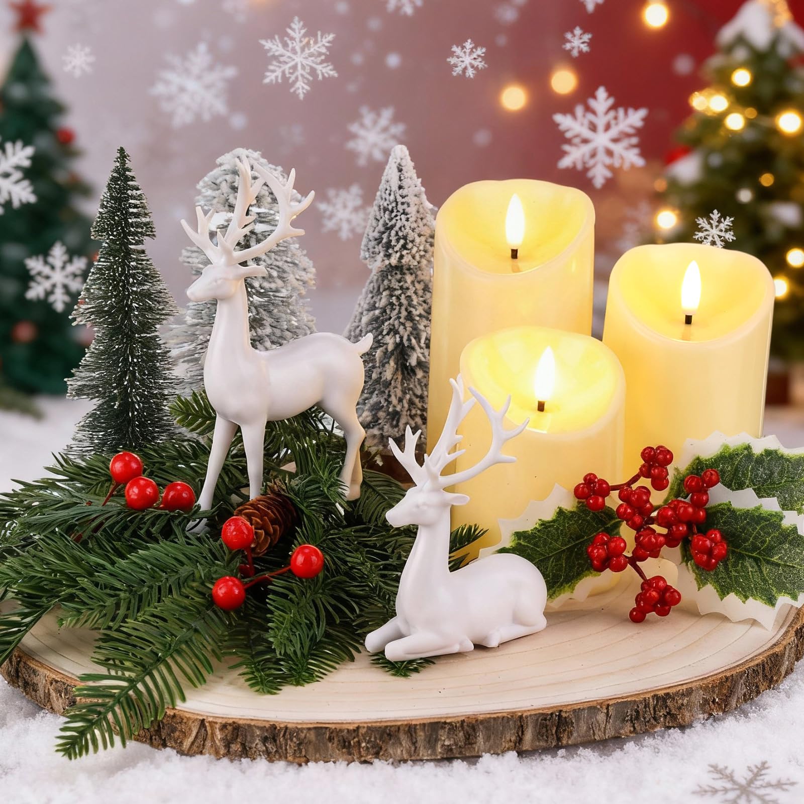 Lot de 14 tranches de bois de Noël pour tables - Décoration à faire soi-même - Dalles de bois naturel de 30,5 à 33 cm - Bougies - Branche de baies rouges - Mini arbres de Noël, rennes et