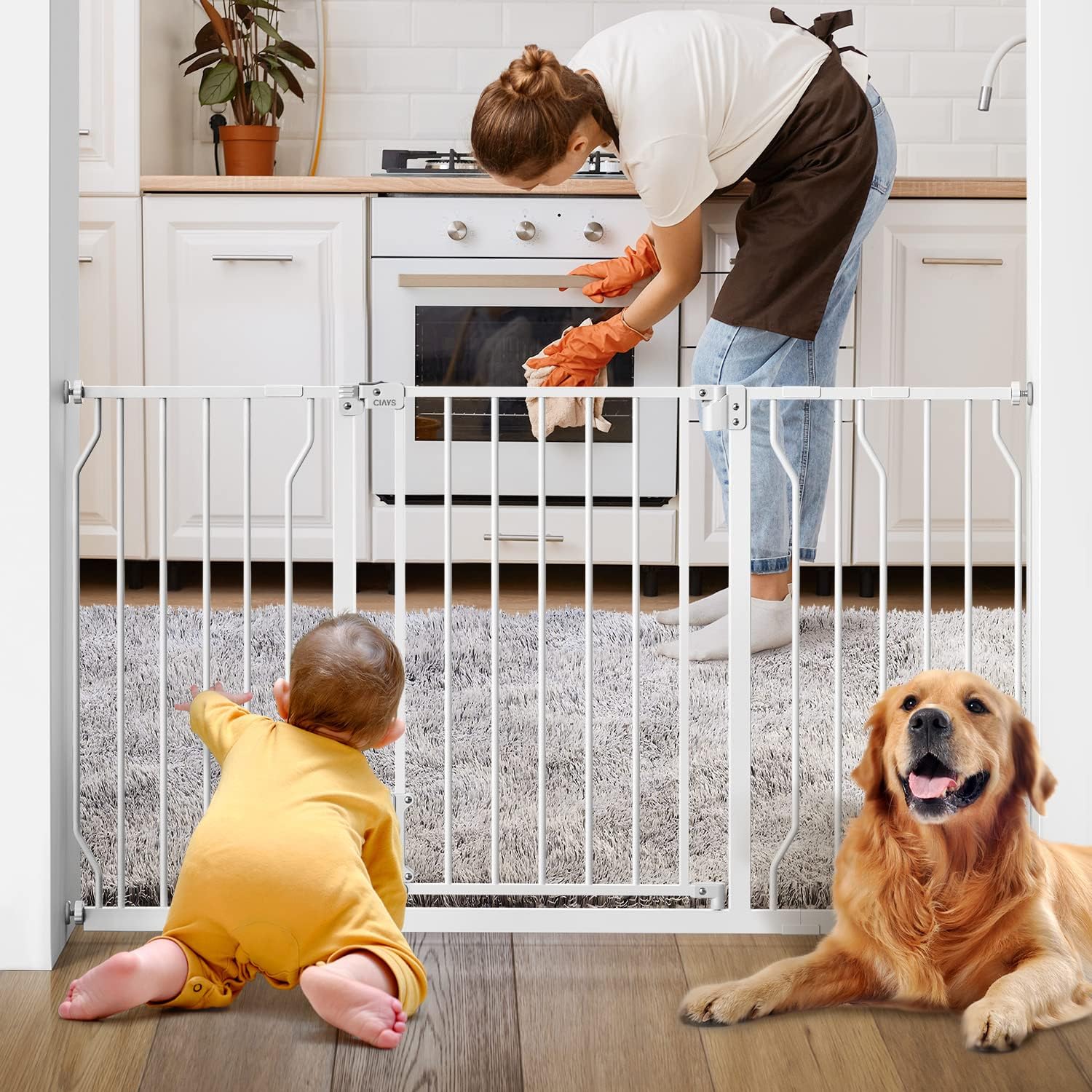(USED) Ciays 29.5” to 57.1” Baby Gate for Stairs Doorways and House, 30” Height Extra Wide Auto-Close Safety Dog Gate for Pets with Secure Alarm, Pressure Mounted, White 29.5-57.1 inch White