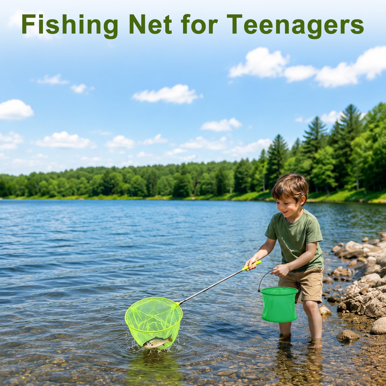 M METERXITY 1 ensemble de filet de pêche télescopique pour adolescents, extensible de 48 cm, poignée réglable, petits filets avec seau pour attraper les insectes/petits poissons/crevettes/aquarium | Manipuler les petits filets avec seau pour attraper les