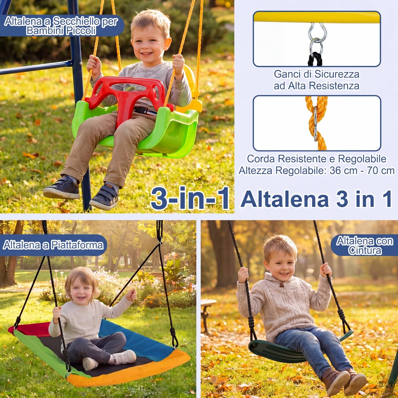 COSTWAY Set di Altalene da Interno e da Esterno, 3 in 1 Altalena da Giardino per Bambini, Corde Regolabili, per Giardino e Parco, Portata 300 kg