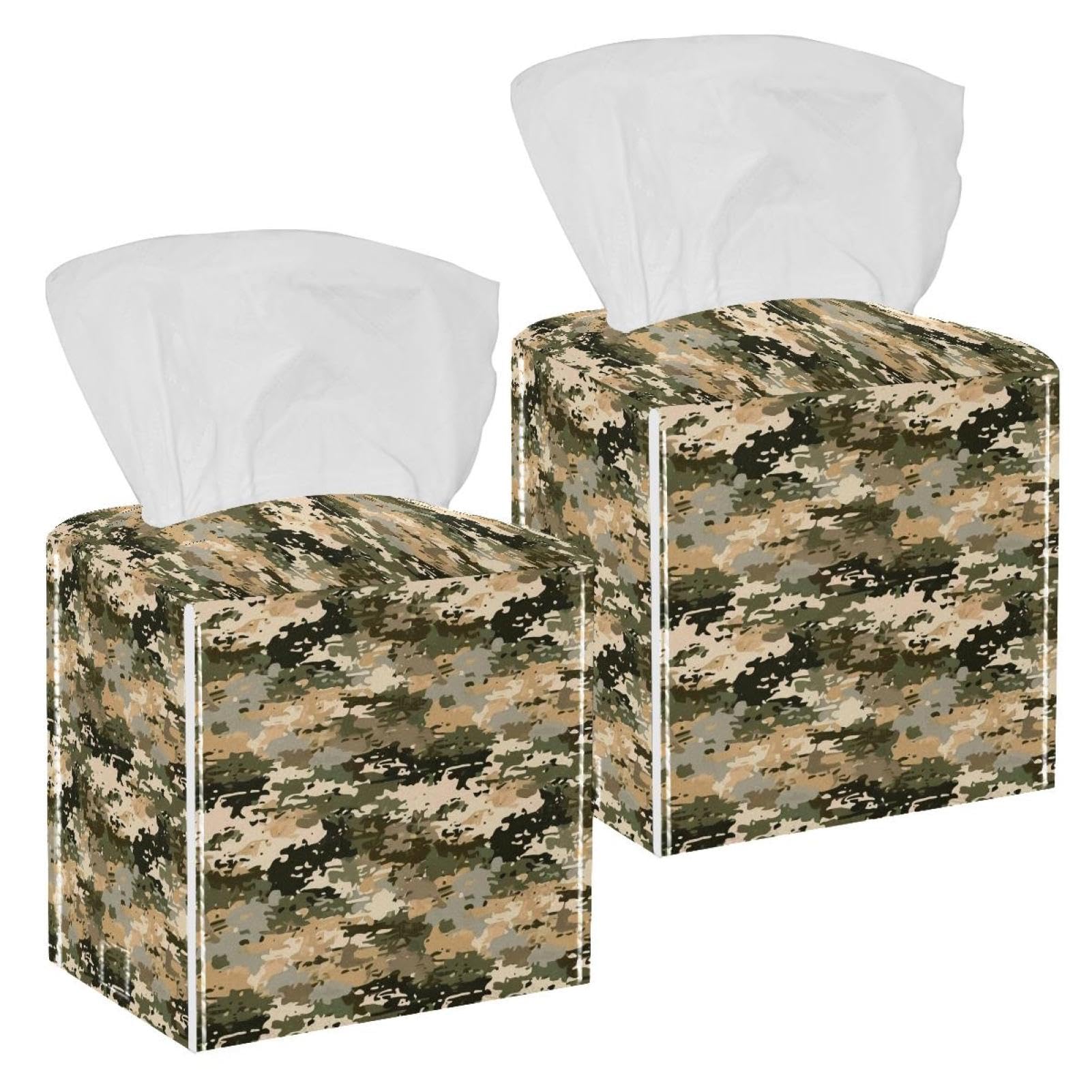 Classic Camouflage Tissue Box Cover, 2 Pack PU Leather Square Facial Tissue Dispenser Box holder for Home Office Car