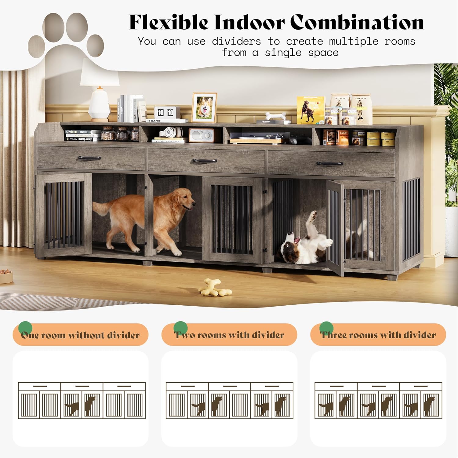 AMERLIFE 95" Large Dog Crate Furniture, Multi-Functional TV Stand with Storage Drawers & Removable Divider for Medium/Large Dogs, Grey