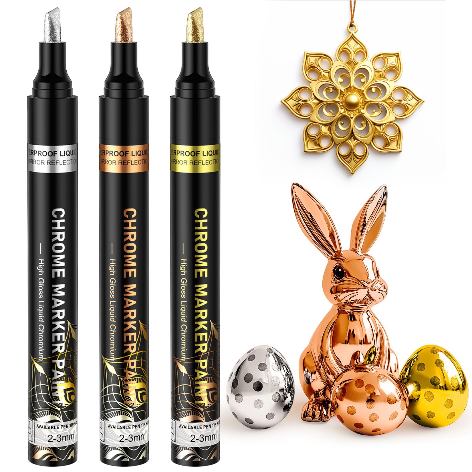 Liquid Mirror Chrome Markers - 3 Colors Gloss Permanent Reflective Mirror Chrome Pen for Resin Supplies, Metal Model, Glass, Plastic Painting, DIY Art Projects (2-3mm Tips)