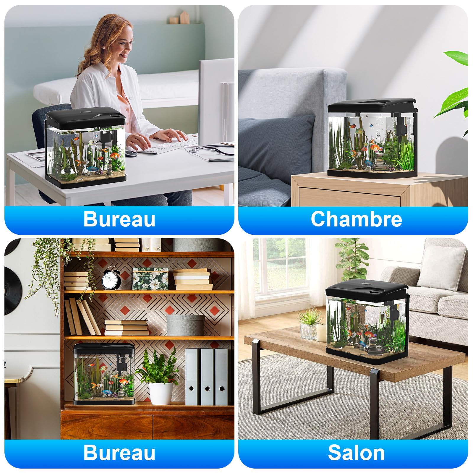 Aquarium Complet 15L,Aquarium en Verre,Aquariums Poisson Rouge,avec Système de Filtration,Couvercle et lumières LED, Pompe à Eau,pour Poissons Combattants, Poissons Rouges, Noir
