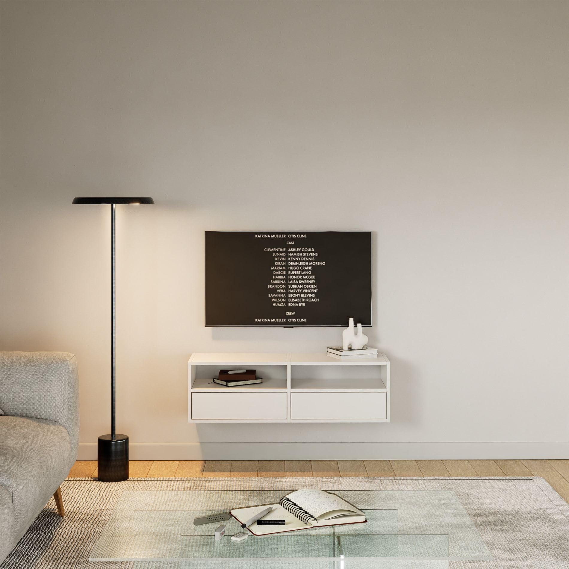 Selsey TV Lowboard - Weiß Farbe Moderne Fernseher Kommode 100 x 30 x 30 cm (BxTxH) TV Unterschrank für Wohnzimmer Schrank mit Klappen Push to Open Lowboard Hängend TV Cabinet Wandmontage