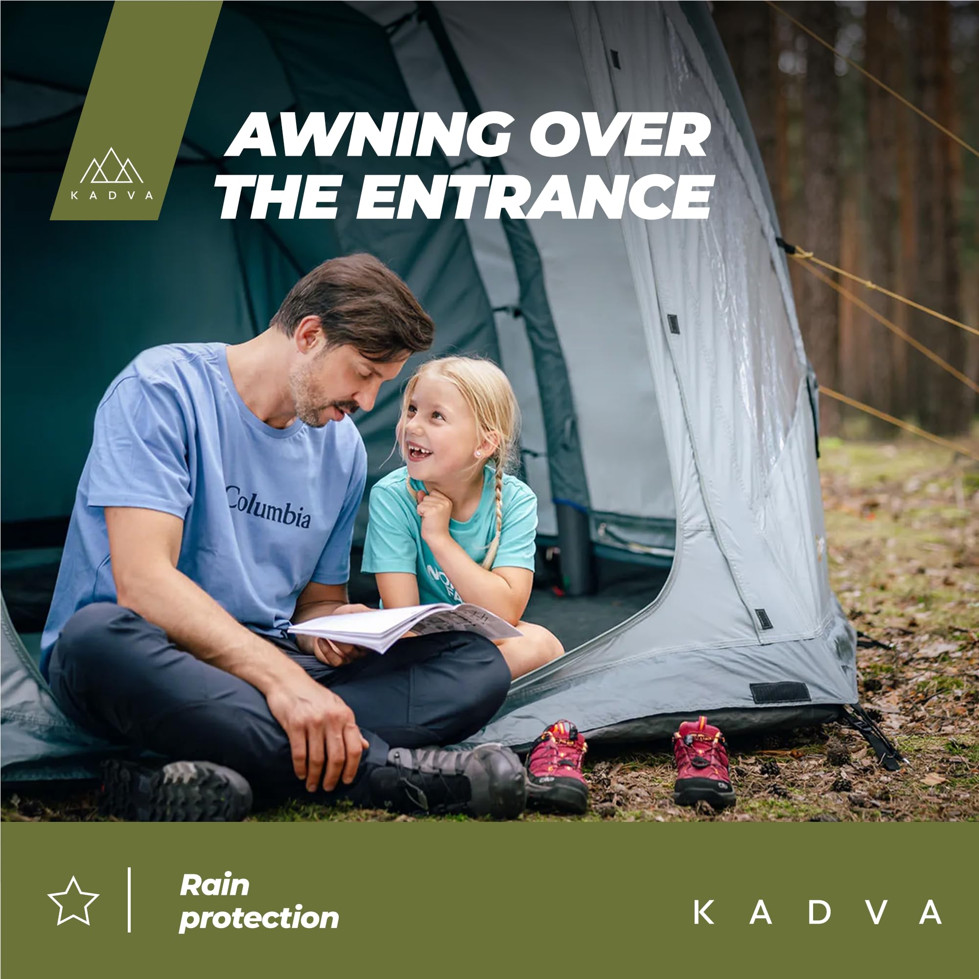 KADVA Namiot Kempingowy AIRcamp 4. 4 Osobowy z Pompką Konstrukcja Tunelowa 440 x 180 x 140 cm Wodoodporność 3000 mm Przestronność Daszek nad Wejściem Duża Powierzchnia Spania Kolor Zielony