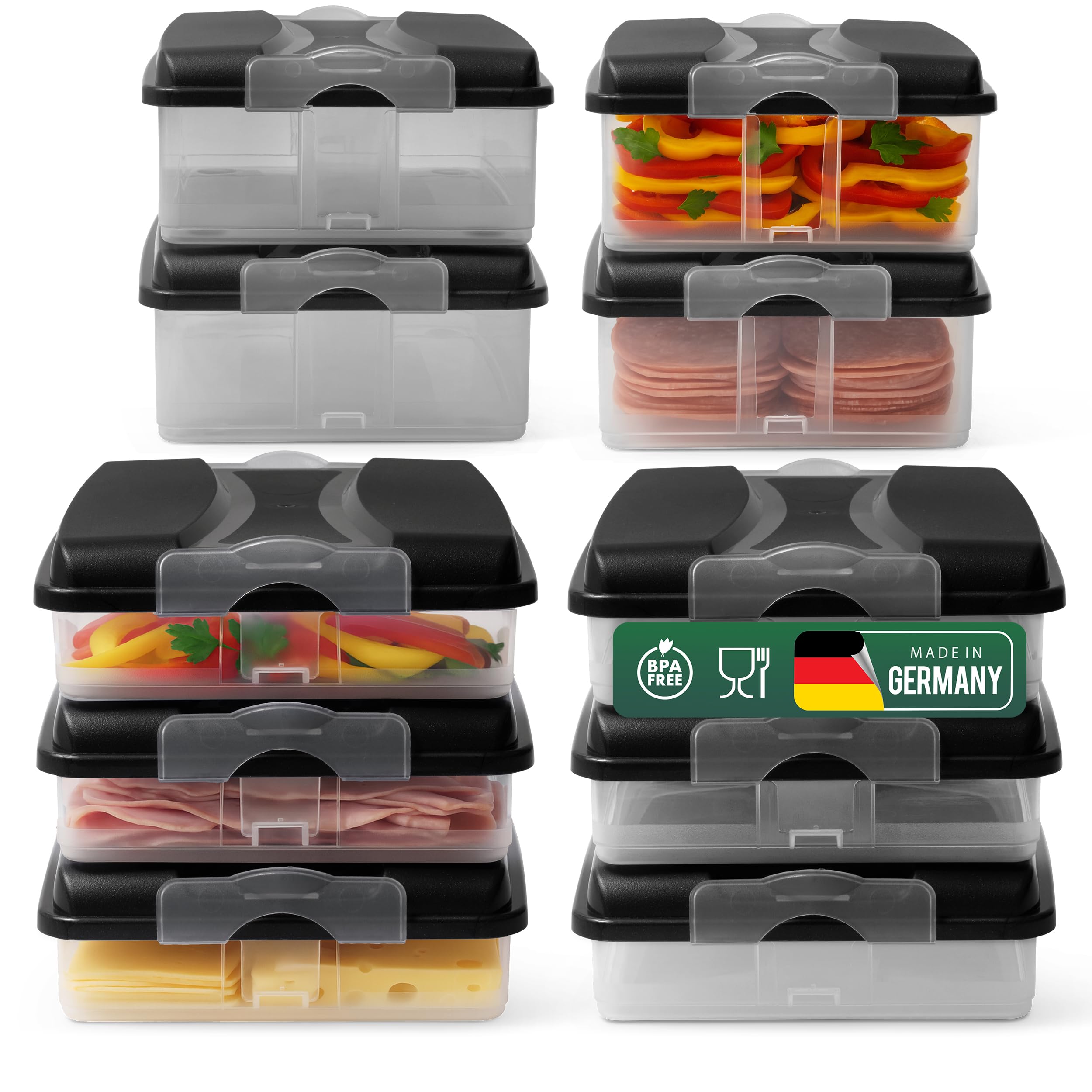 Novaliv Frischhaltedosen (6x klein + 4x groß + 10x Deckel), stapelbar für Kühlschrank & Gefrierfach, Vorratsdosen Set Aufbewahrungsbox Organizer, für Aufschnitt Wurst Käse Obst Gemüse Meal-Prep