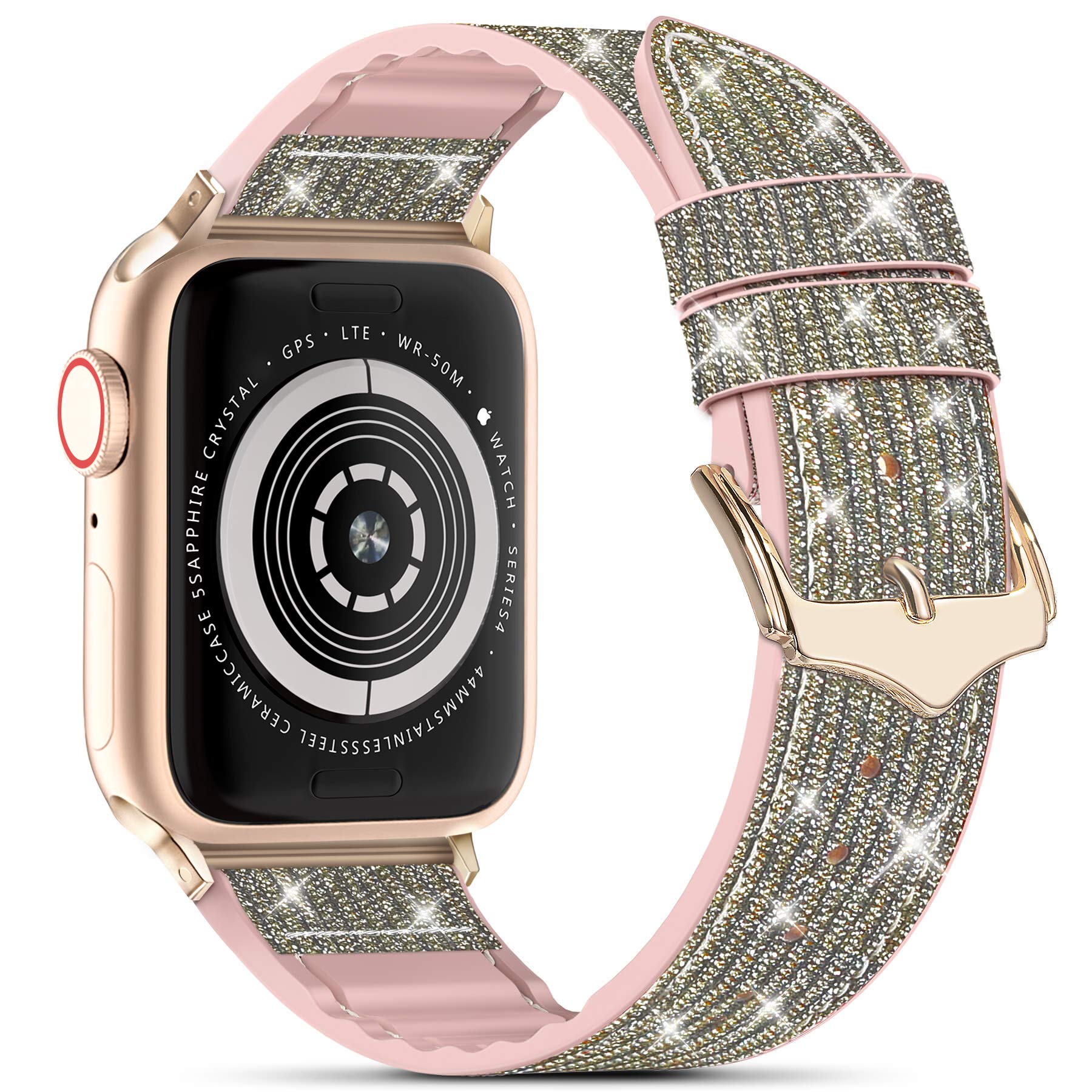 Compatible with Apple Watch Band 38mm 40mm 42mm 44mm, CTYBB Blingbling Sweatproof Genuine Leather and Silicone Band for iWatch Series 5 4 3 2 1
