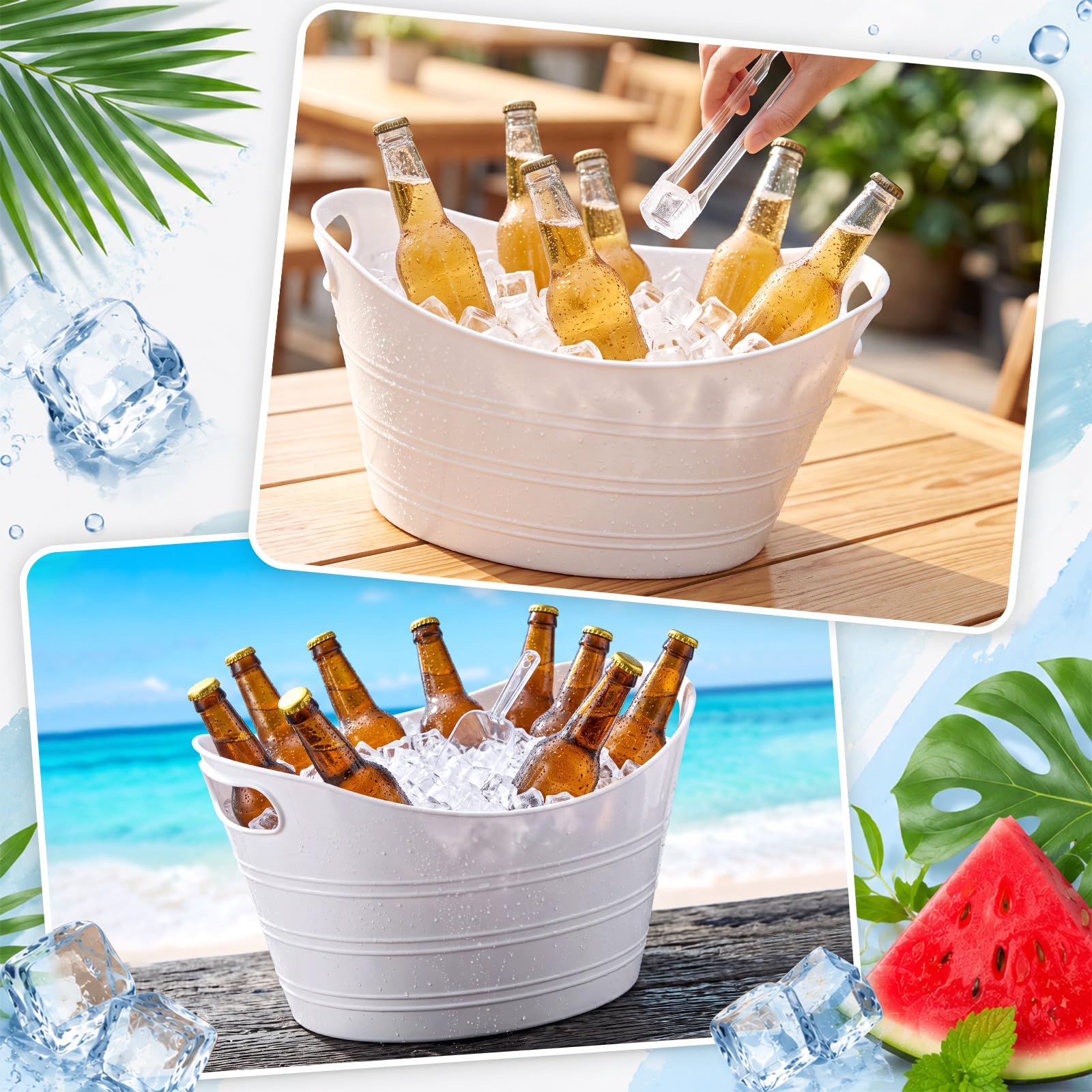 meekoo Juego de 6 cubos de hielo de plástico a granel con asas, incluye 6 recipientes ovalados de almacenamiento, 6 cucharas de hielo y 6 pinzas para barbacoa, boda, fiesta, bar, vino, cerveza