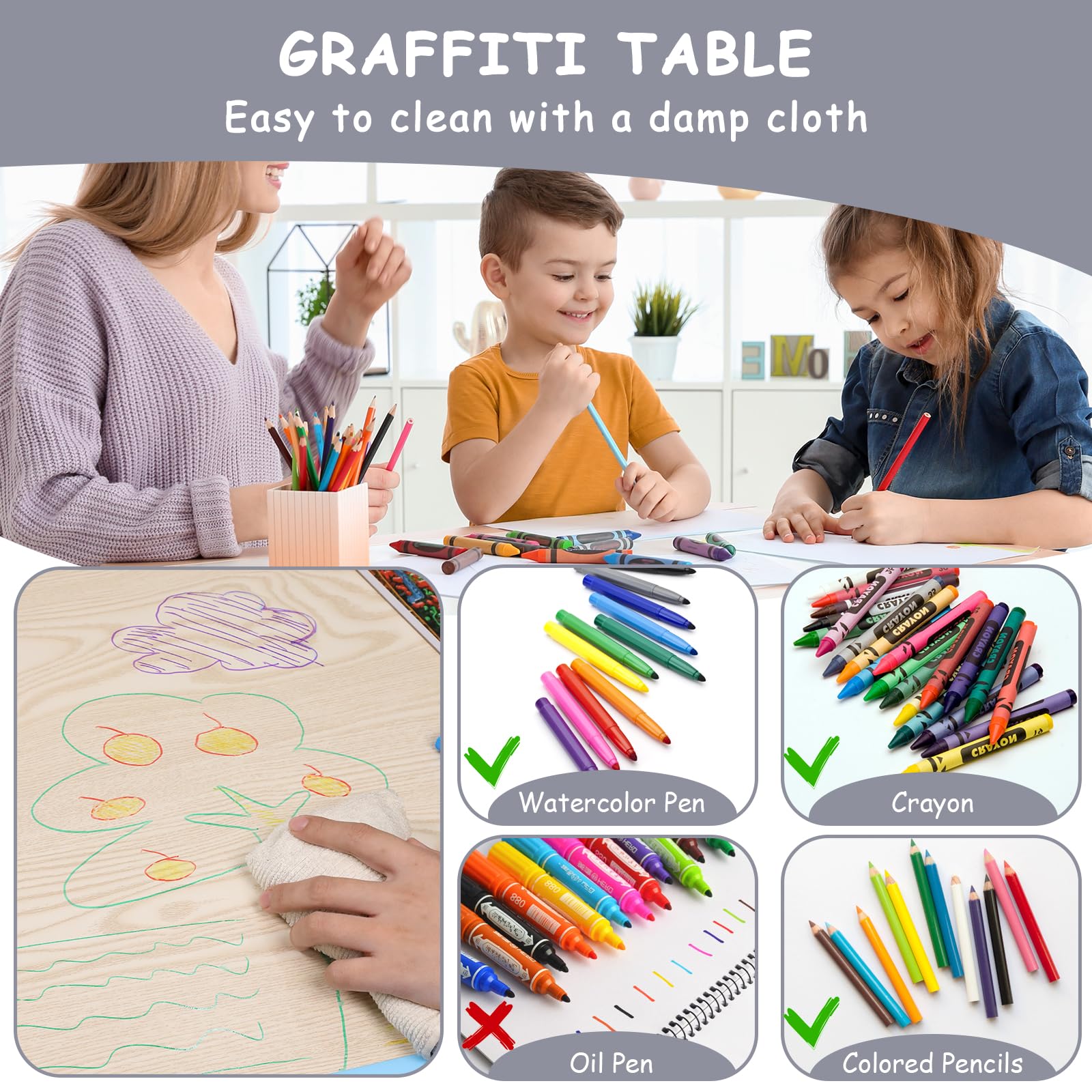 Clevich Kindertisch mit 4 Stühlen, Kinder Tisch Stuhl Set, 60x60x60CM, Plastik Kindermöbel, Höhenverstellbar Kindersitzgruppe für Kinderzimmer Schule Kindertagesstätte（Grau, Quadratischen Tisch）