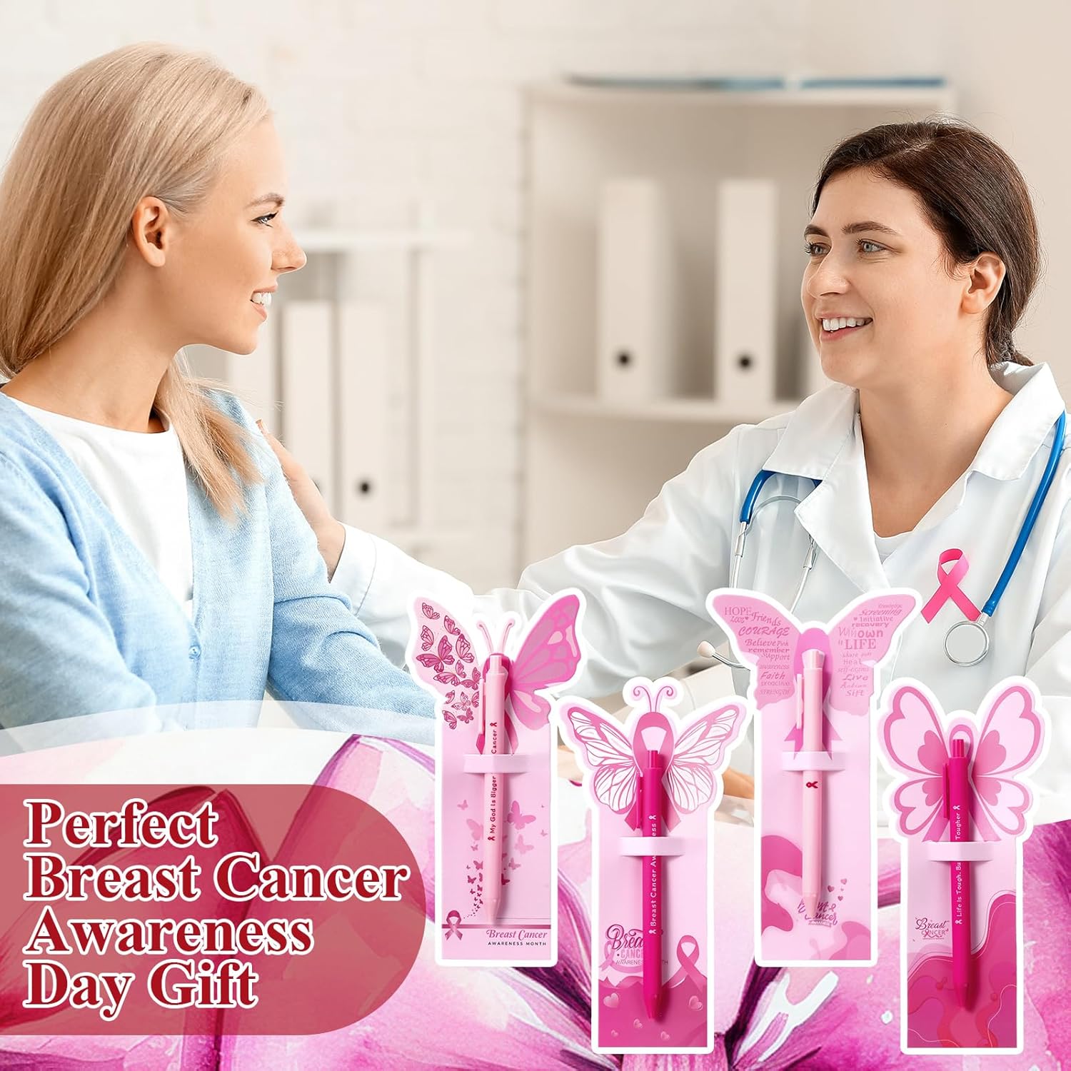 100 Set Breast Cancer Awareness Ballpoint Pink Ribbon Pens Bulk Breast Cancer Awareness Items Pens Butterfly Cards Retractable Black Ink for Inspiration Graduation Nurses Day Events Charity Supplies