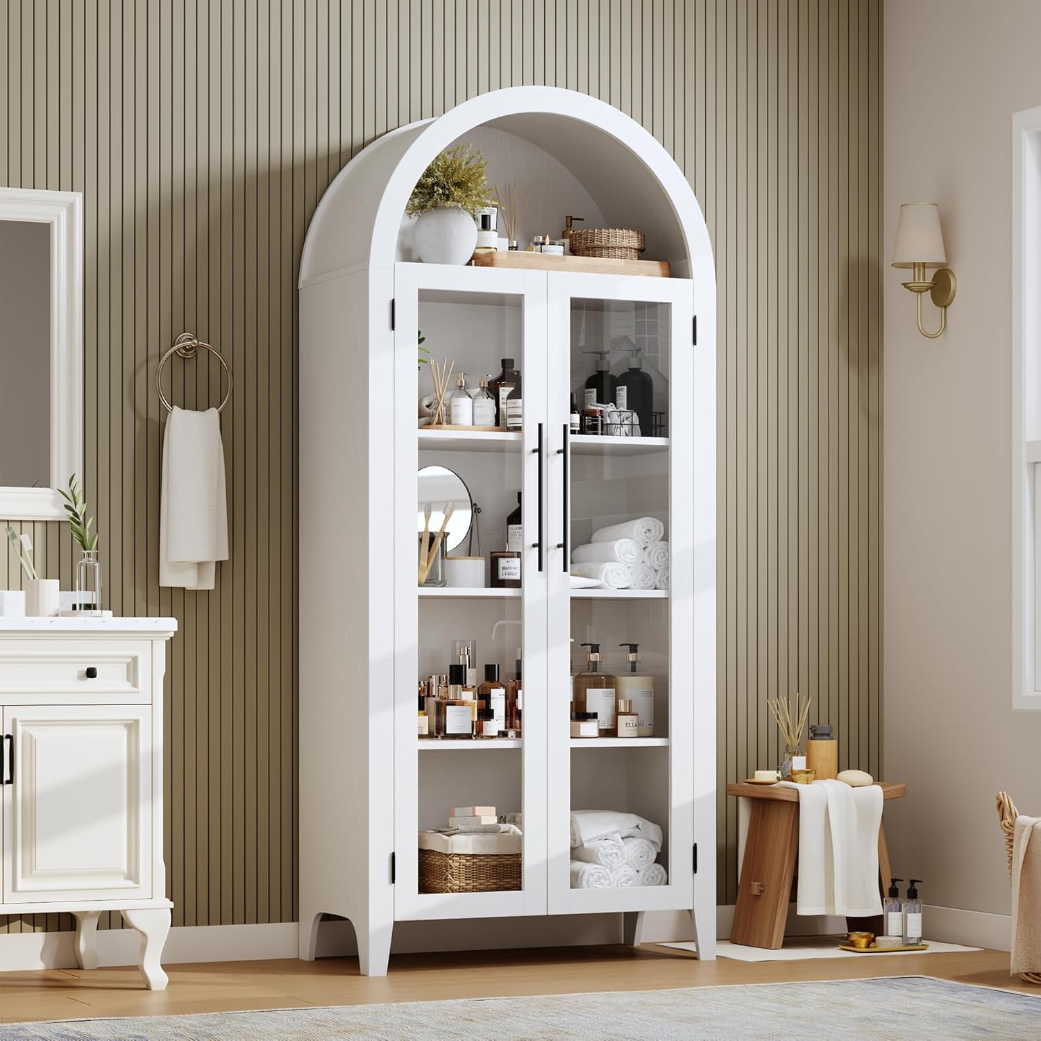 IDEALHOUSE Arched Kitchen Pantry Storage Cabinet - Farmhouse 5-Tier Display Shelf with 2 Large Glass Doors and Adjustable Shelf, Versatile Cupboard for Kitchen, Dining Room, Living Room, White