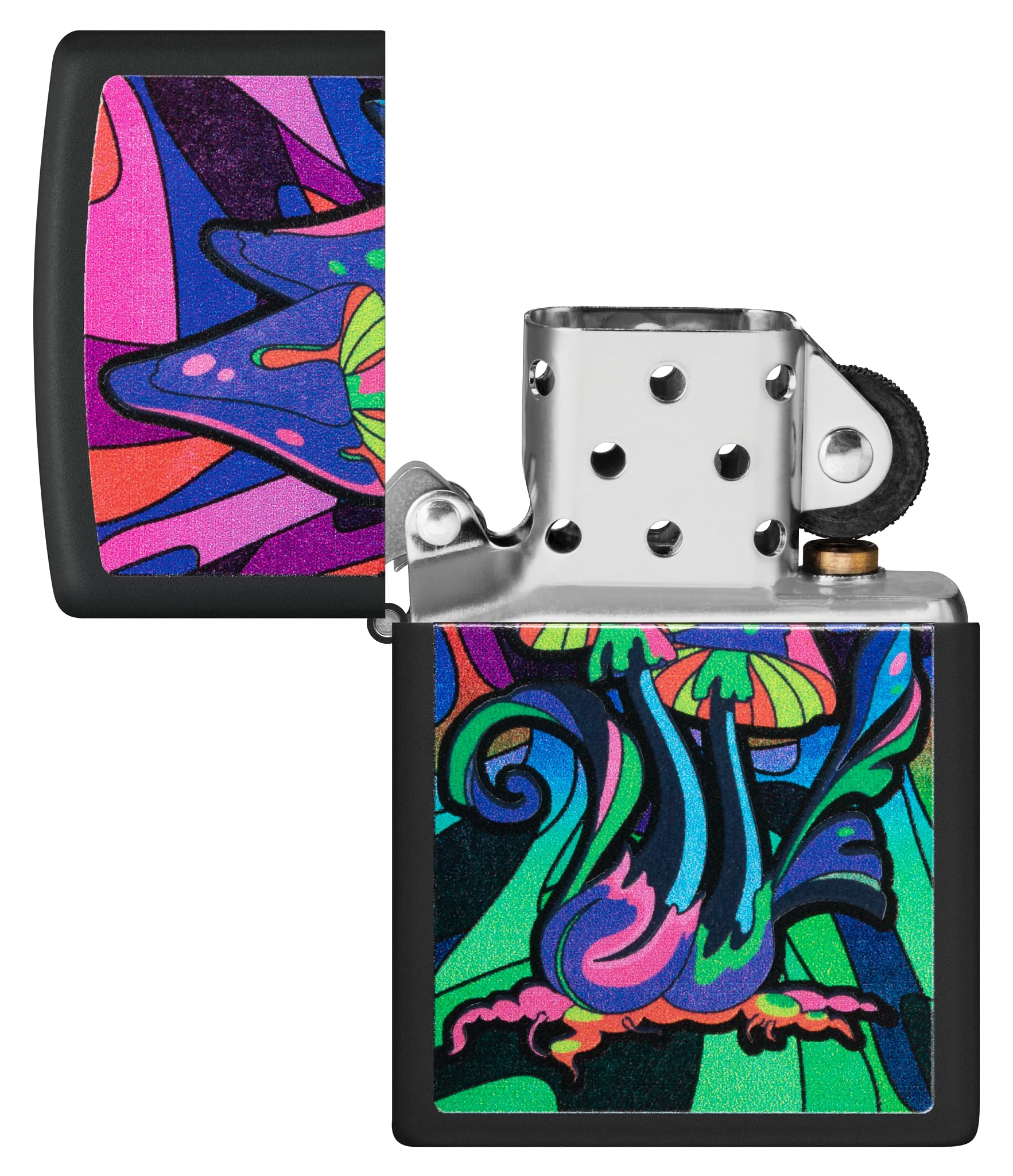 Zippo - Briquet Tempête Motif Champignons Psychédéliques Et Galaxie/Contre-Culture, Noir Mat, Lumière Noire, Rechargeable, Réutilisable, Coupe-Vent, Coffret Cadeau, Fabriqué Aux États-Unis