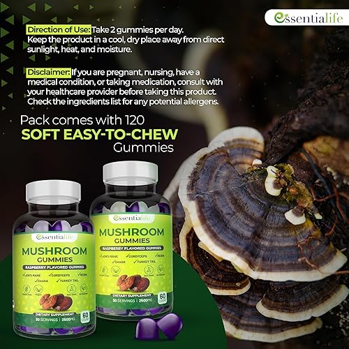 Miniatura 4 de Essentialife Gomitas de hongos Suplemento de melena de león, suplemento de hongos con melena de león, cola de pavo, cordyceps, reishi, extracto de