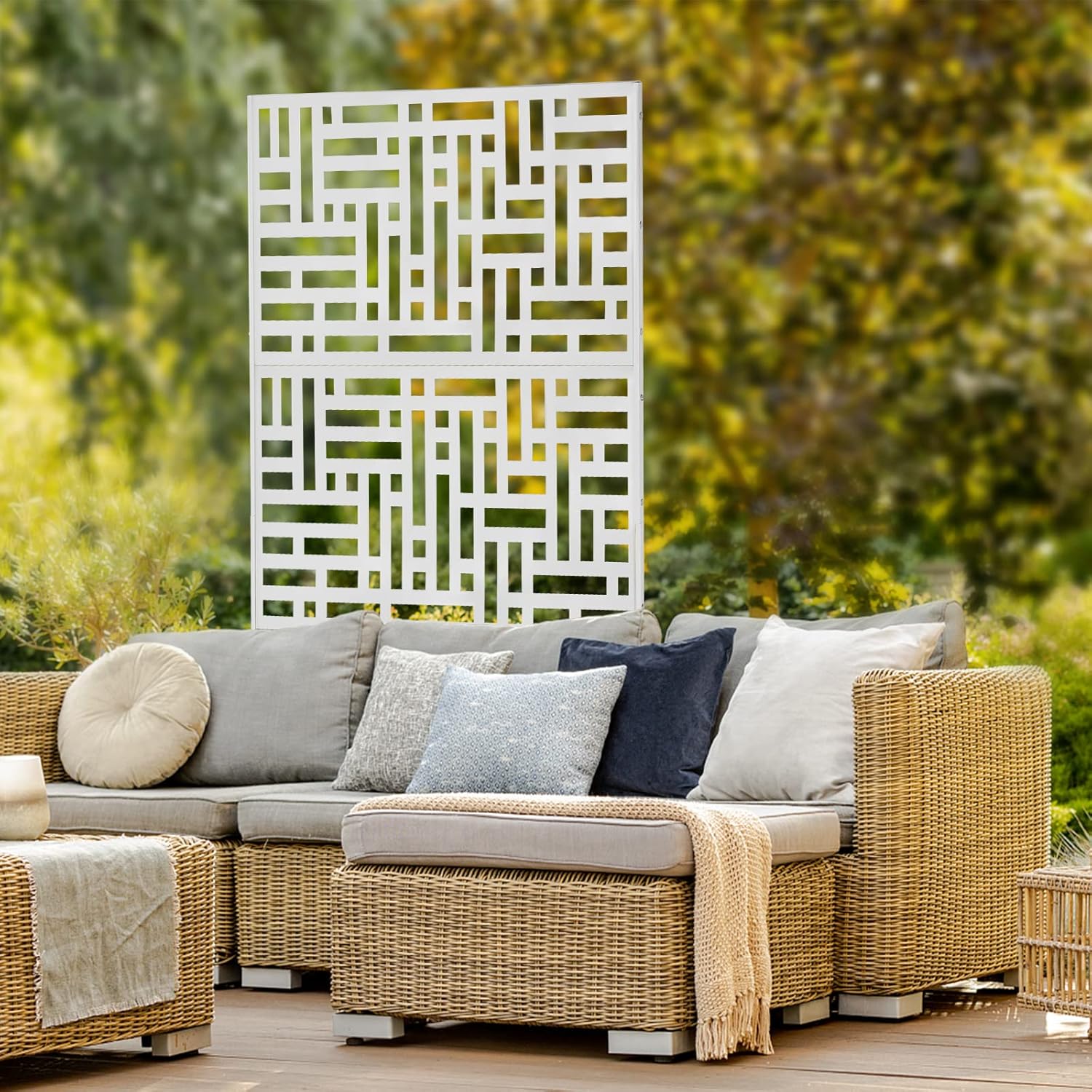 Outdoor Privacy Screen, 75" H x 35" W Metal Patio Privacy Screen with Stand, Freestanding Privacy Fence Panels for Patio, Garden, Indoor (White Strips Pattern)