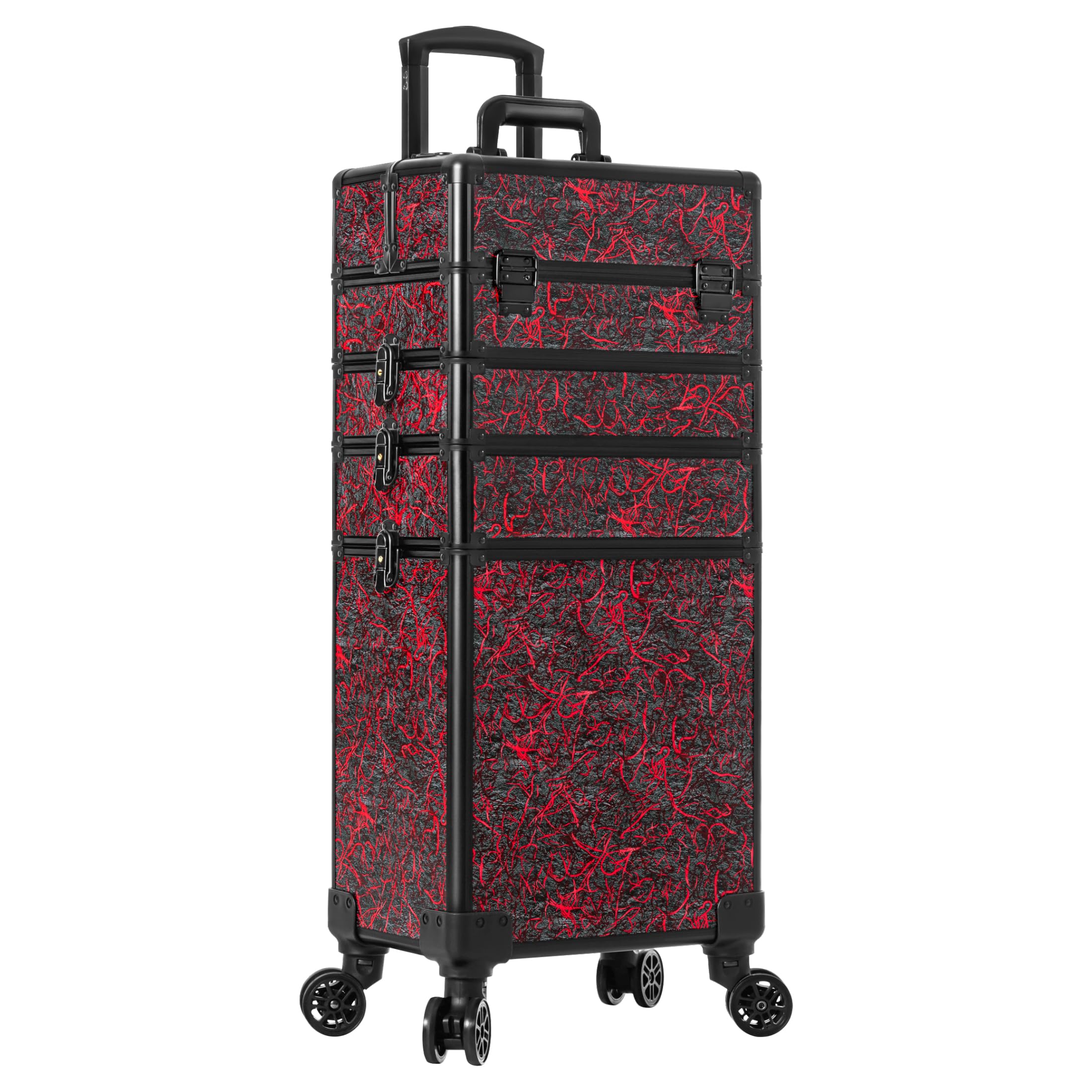 Arous 5-in-1-Kosmetik-Trolley mit Rollen, Abschließbar, für Friseure, Künstler, Reisen, Nägel, Rot, Make-up-Tasche zum Rollen