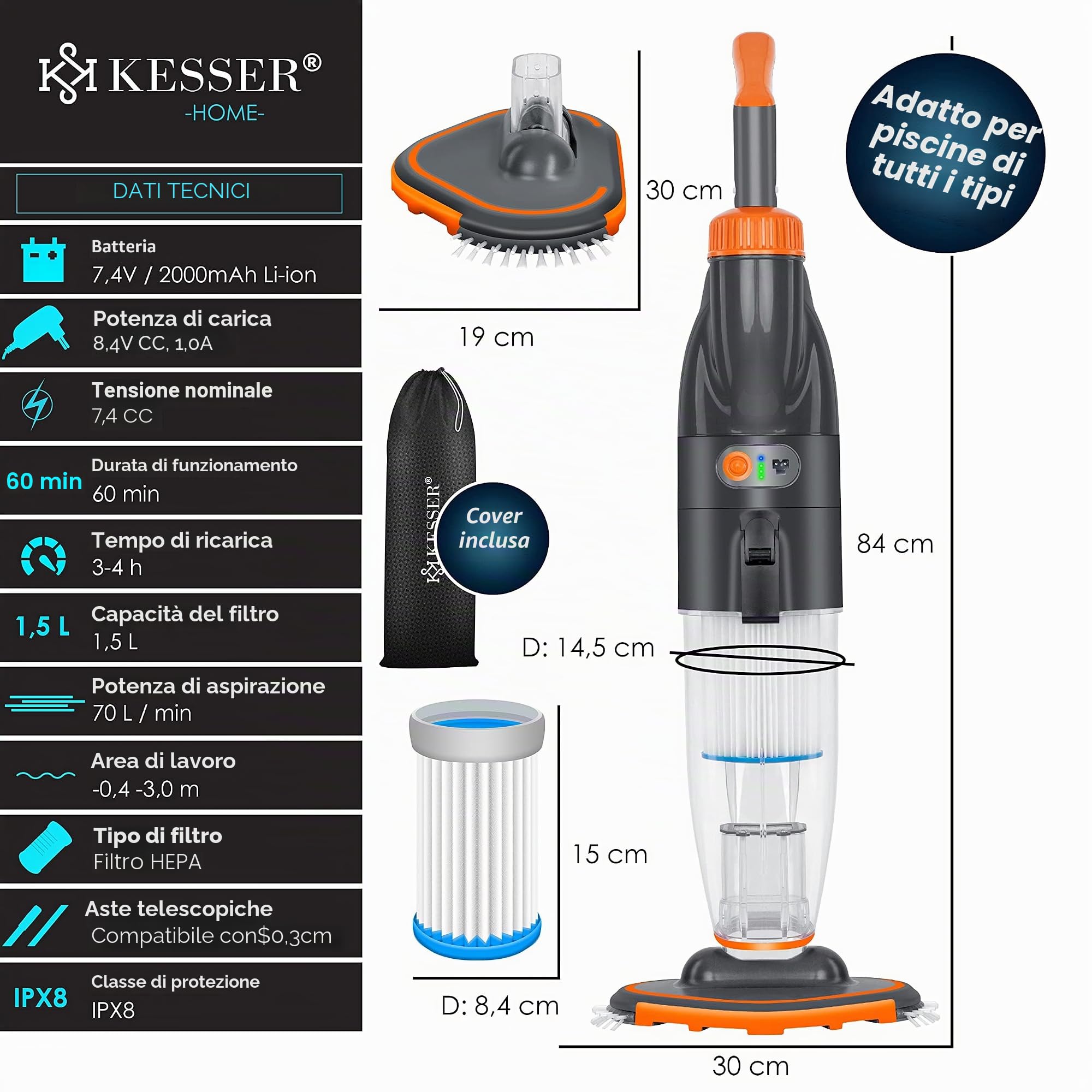KESSER® Aspirapolvere per piscina con batteria, aspirapolvere elettrico per piscina, con filtro e sistema a 2 velocità, set di pulizia senza fili fino a 15 m³