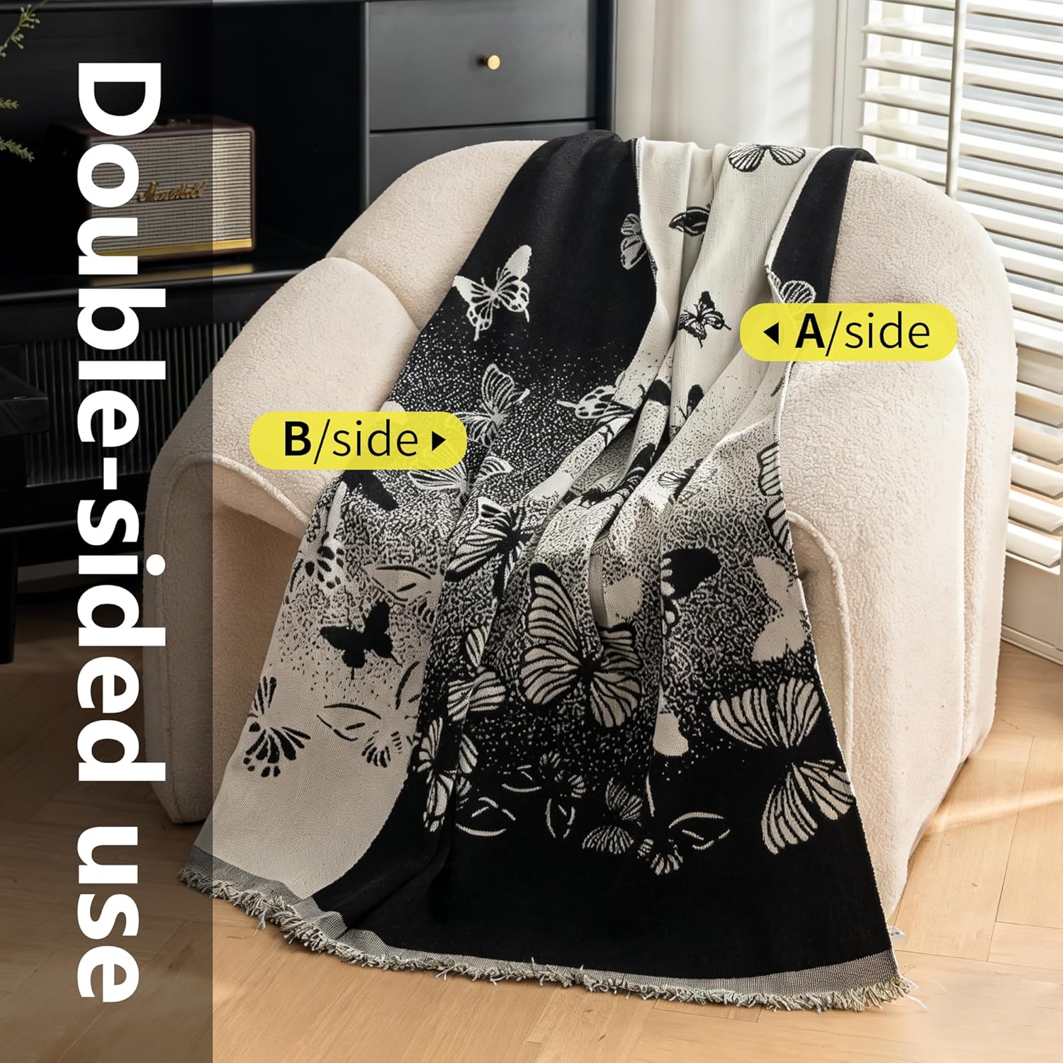 Couch Covers for Dogs Black Butterfly Blanket Reversible, Loveseat Covers with Tassel Design,Sofa Cover for Home Decor,Living Room Furniture,Recliner Chair