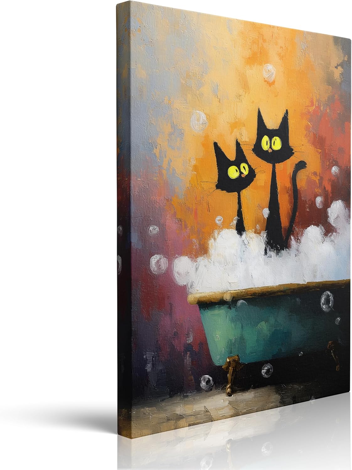 Funny Black Cat Bathroom Canvas Wall Art Oil Painting Two Cats with Yellow Eyes in Vintage Bathtub Bubbles and Pink Background Whimsical Pet Artwork for Bathroom Laundry Room Wall Decor 16x24 Inches