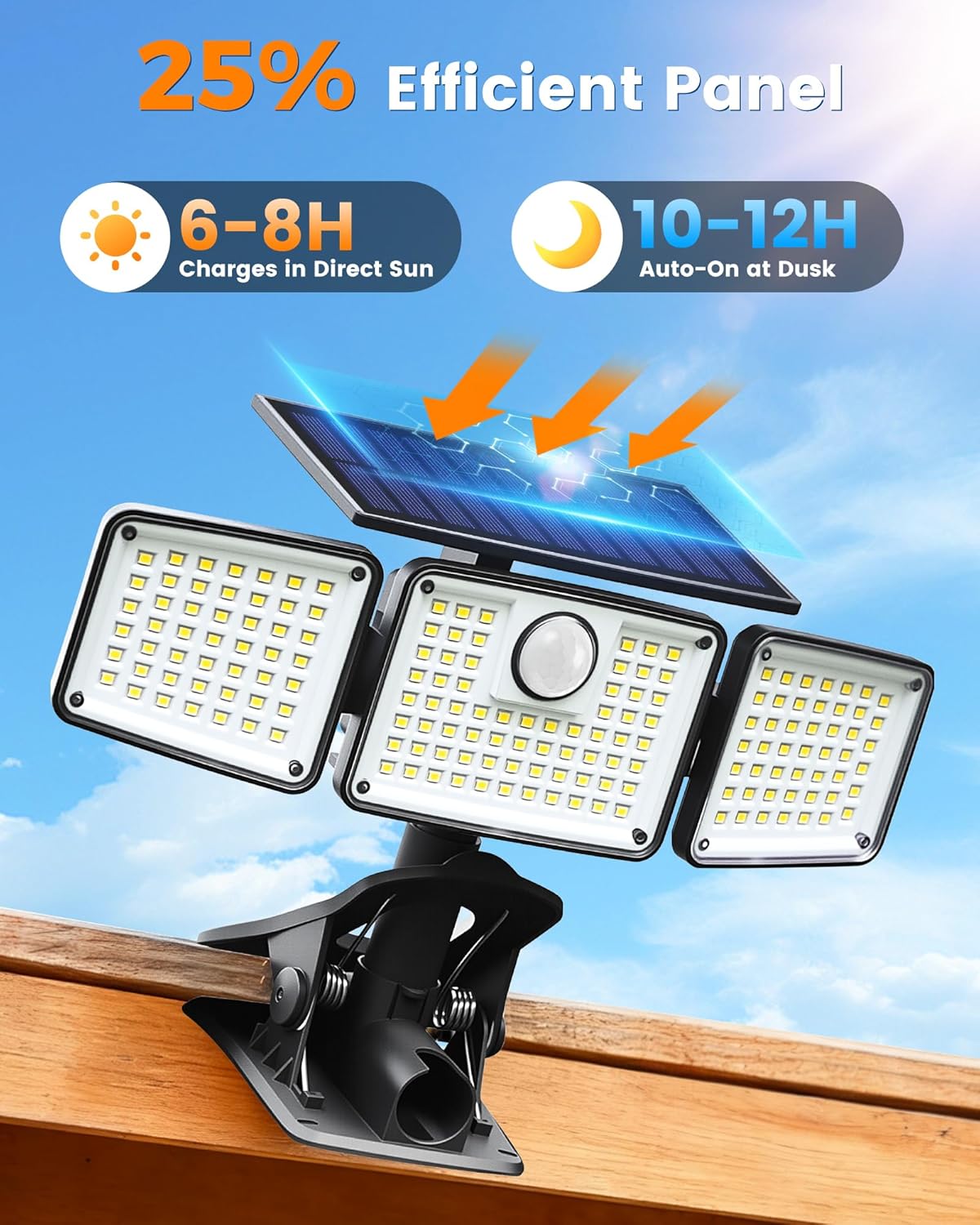 1500LM Clip On Solar Lights Outdoor, Motion Sensor Outdoor Lights with 270° Wide Angle & Remote Contral, 3 Heads IP65 Waterproof Solar Powered Flood Light for Fence, Patio, Backyard, Garden 2 Pack
