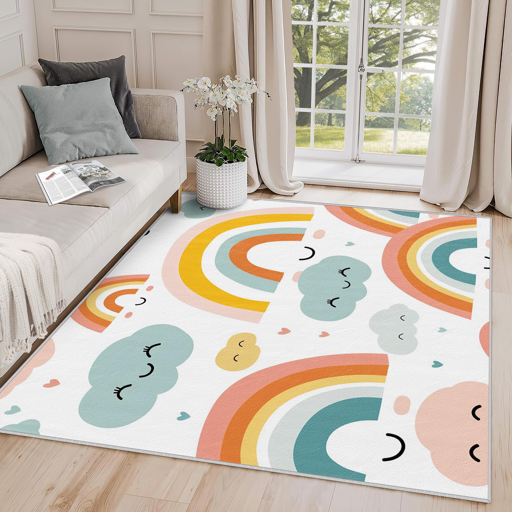 Yoozitrees Rainbow Rug 8x10 - Rainbow Rug, 7x10 Rug, Cute Cartoon Cloud Colorful Area Rug, Kids Nursery Playroom Carpet, Washable & Non Slip & Soft Large Rugs, Rainbow Home Decor Gifts