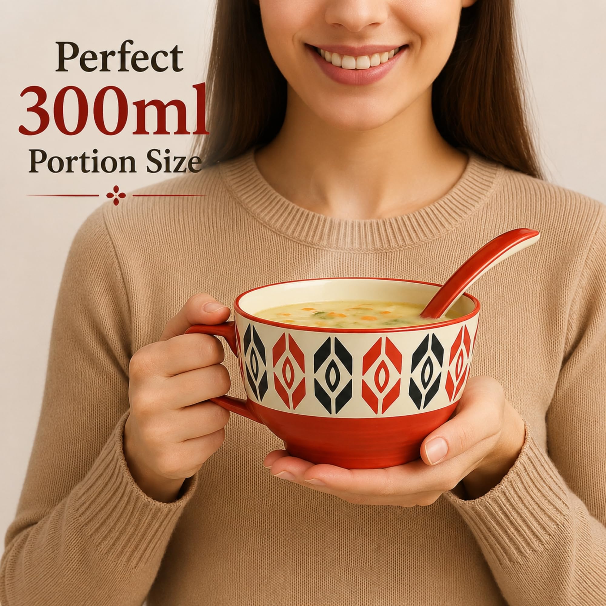 KITTENS Handpainted Ceramic Soup Bowl Set of 2 with Spoons (300ml) | Microwave & Dishwasher Safe | Ceramic Bowls for Soup, Ramen, Noodles, Curry & Dessert | Red & Black Handmade Design 1
