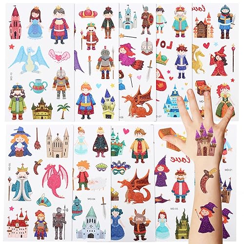 duahappy Lindos tatuajes temporales con purpurina de dibujos animados para niños, juguetes de tatuaje temporales impermeables para niños,