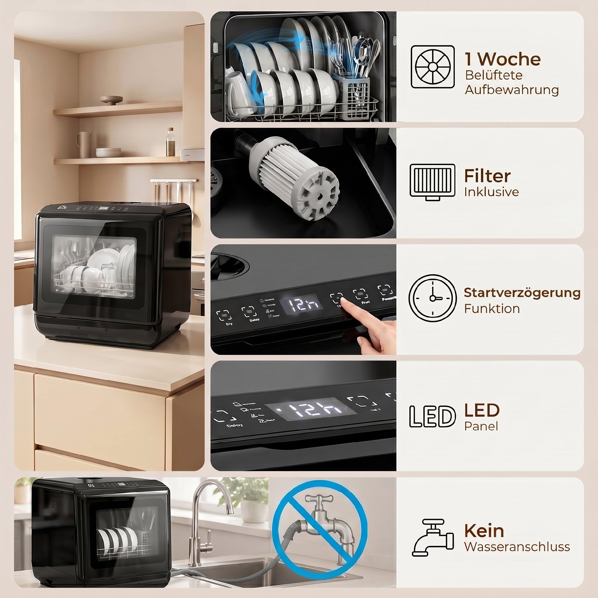 HOMCOM Lavavajillas de mesa mini lavavajillas con depósito de agua integrado de 6 litros, 5 programas, control táctil, pantalla LED, 4 cubiertos, doble suministro de agua y función de secado al aire