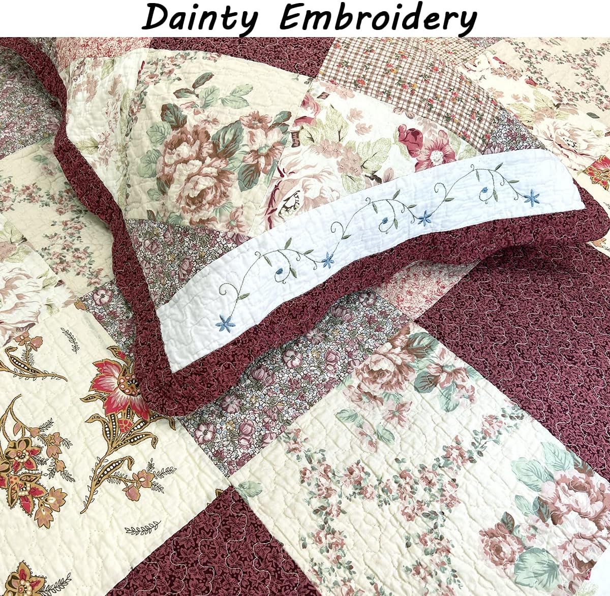 3-Piece Queen Size Cotton Quilt Bedding Set, Floral Country Garden Scalloped Embroidered Patchwork Cotton Burgundy Georgia Red