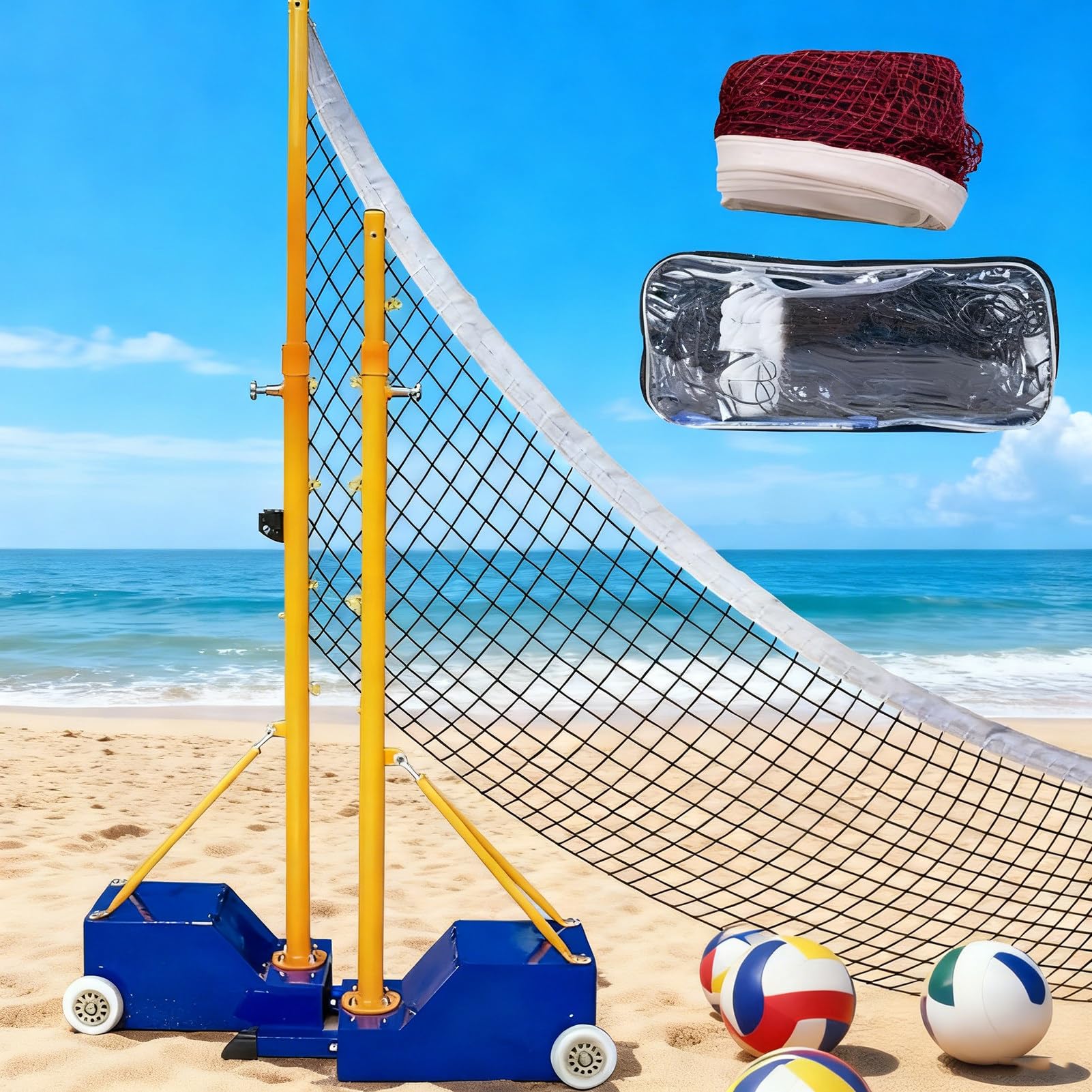 Bastones de bádminton ajustables para voleibol con base estable y caja de ruedas portátil