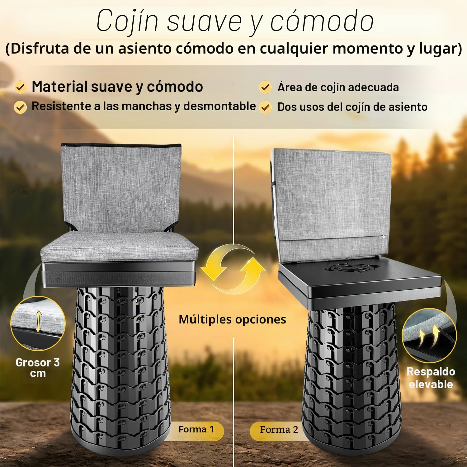 Taburete telescópico Mejorado con Respaldo y cojín Extra Grueso,Silla Plegable portátil Cuadrada para Exteriores,Taburete Plegable de 50 cm para Adultos Camping Pesca Senderismo Viajes BBQ