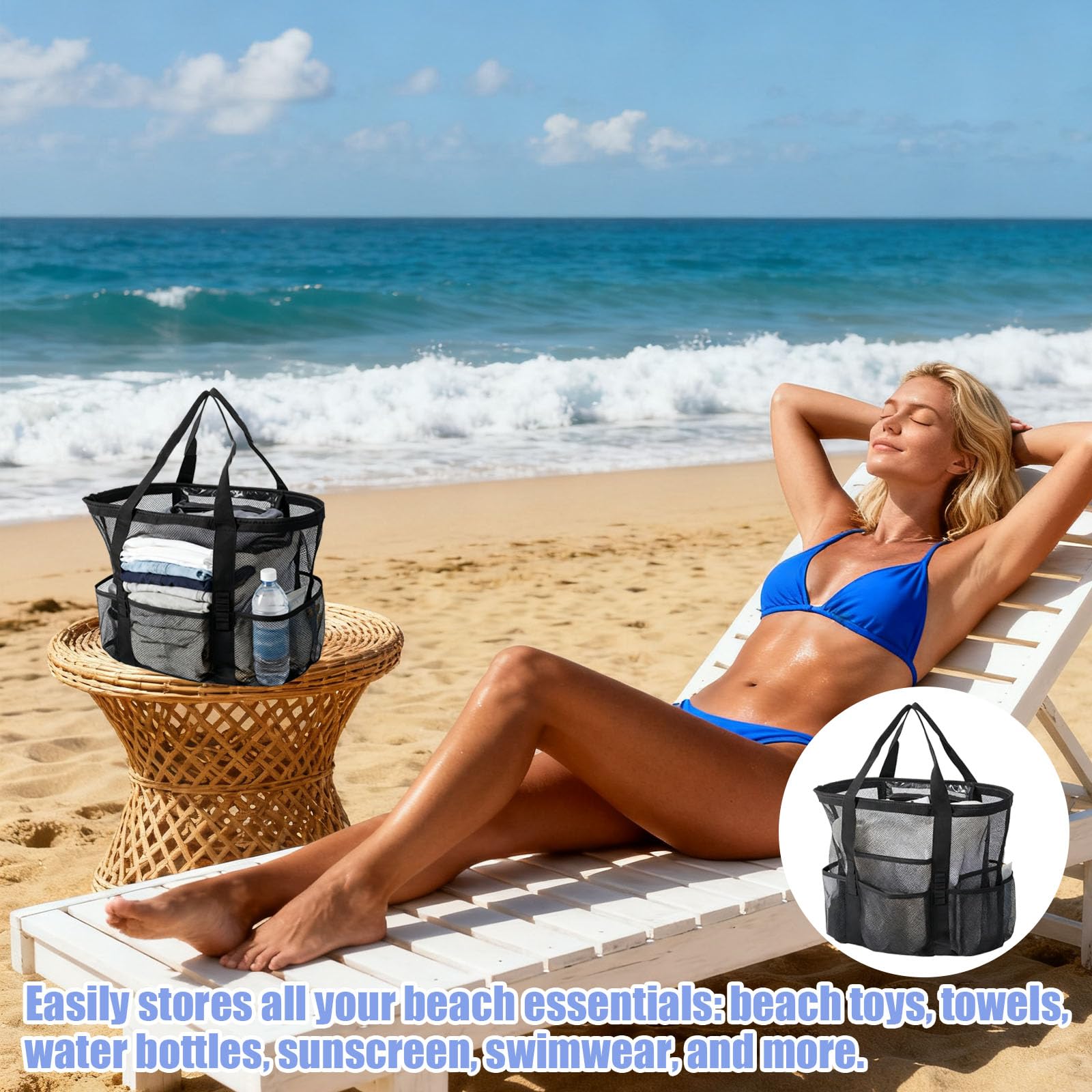 Borsa Mare Rete Donna Grande capacità 41x23x40cm Borsa Spiaggia Traspirante con Scomparti Pieghevole Leggera per Piscina Campeggio Escursioni Shopping Estate