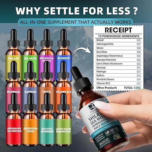 Miniatura 5 de Lukaree Shilajit - Gotas líquidas con musgo marino, ashwagandha, maca, ácido fúlvico, minerales traza, suplemento de vitaminas líquidas 12 en 1 para