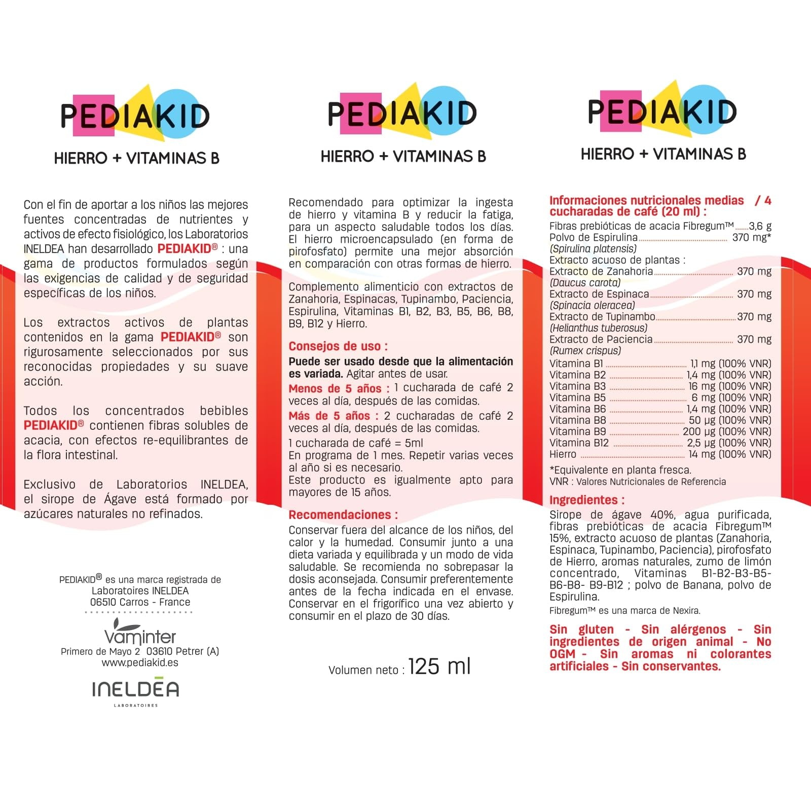 PEDIAKID - Hierro + Vitaminas B - Complemento alimenticio - Fórmula Exclusiva a base de Sirope de Agave - Optimiza el consumo de hierro - Ayuda a reducir la fatiga - Sabor plátano - Lote de 3