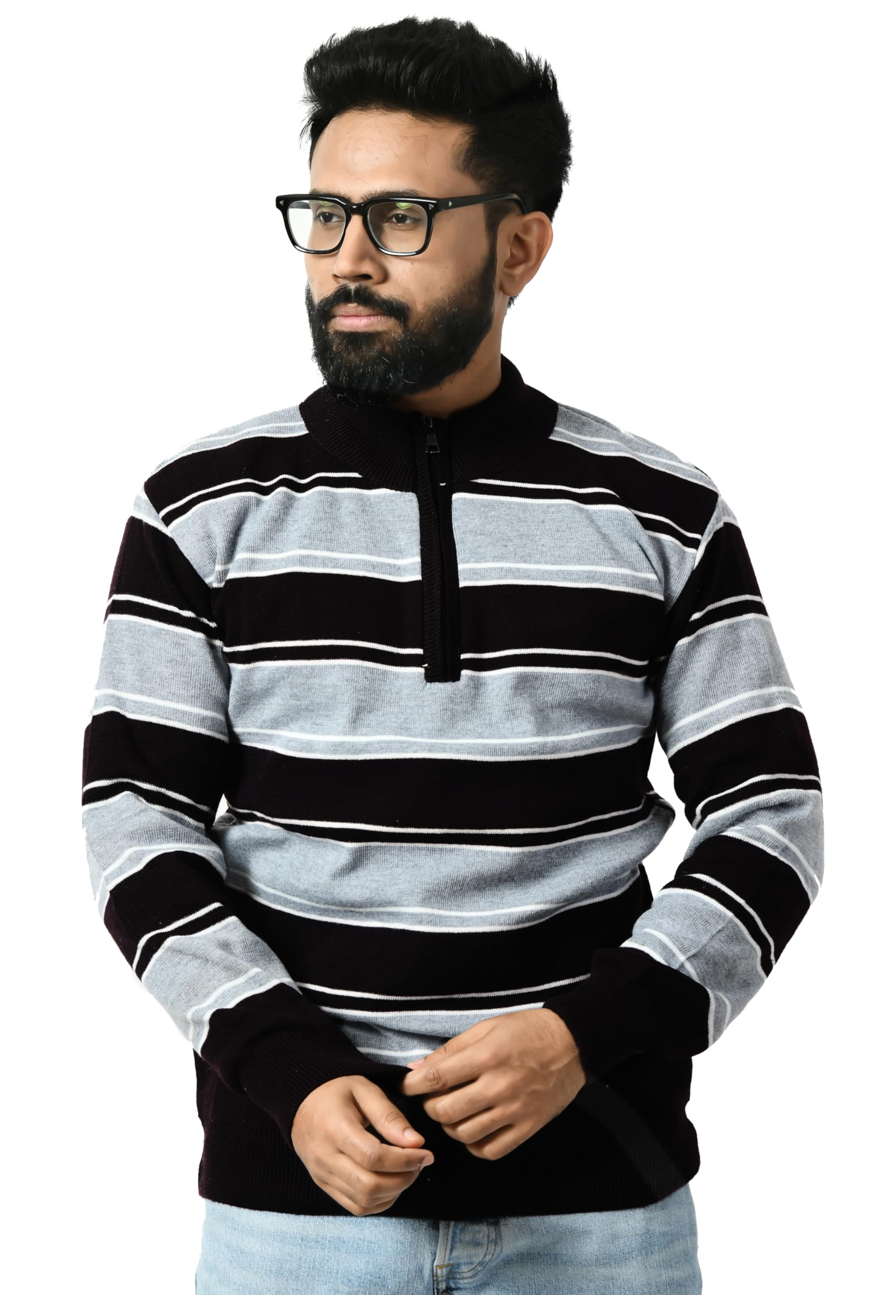 manra Men High Neck Zipper Full Sleeve Striped Woolen Winter Sweater (Men Zipper EMD 425)-picture-37