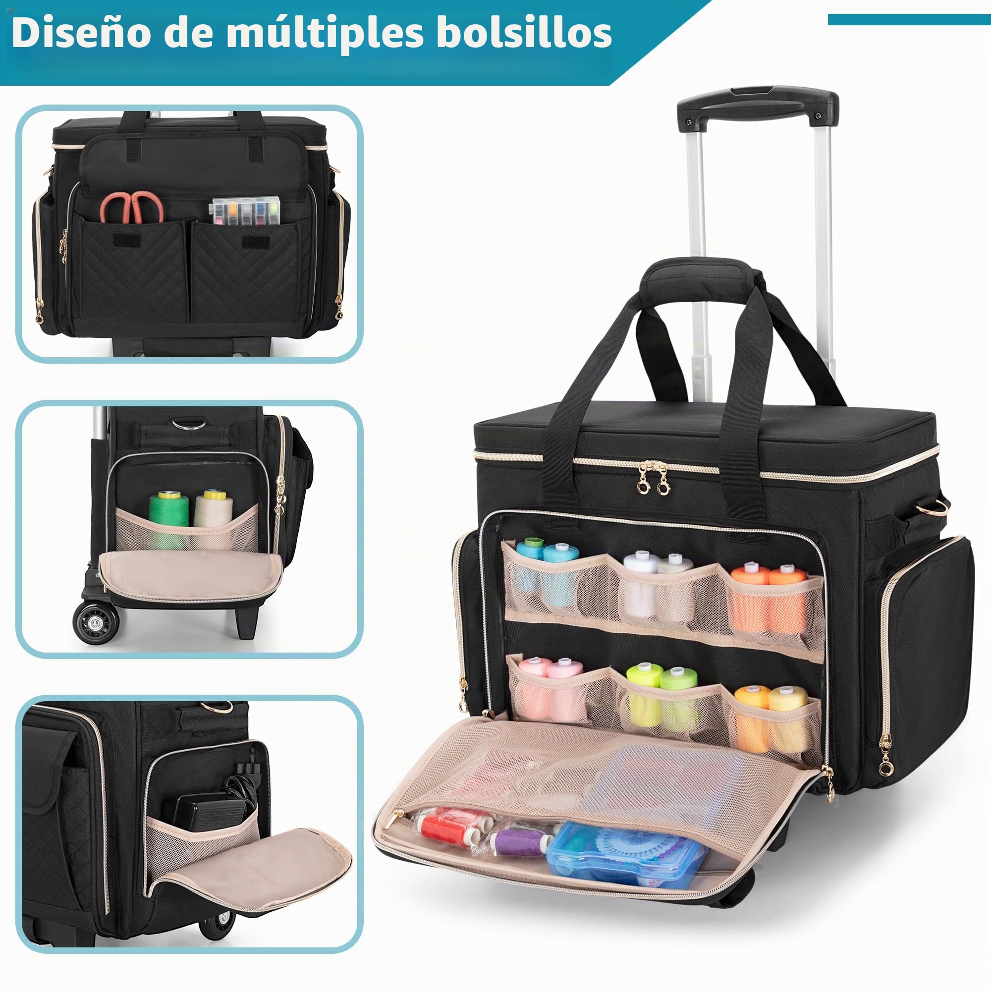 Luxja Bolsa para Máquinas de Coser con Múltiples Bolsillos, Estuche de Máquina de Coser con Ruedas y Correa de Hombro Desmontable (Compatible con Mayoría de Máquinas de Coser Estándar), Negro