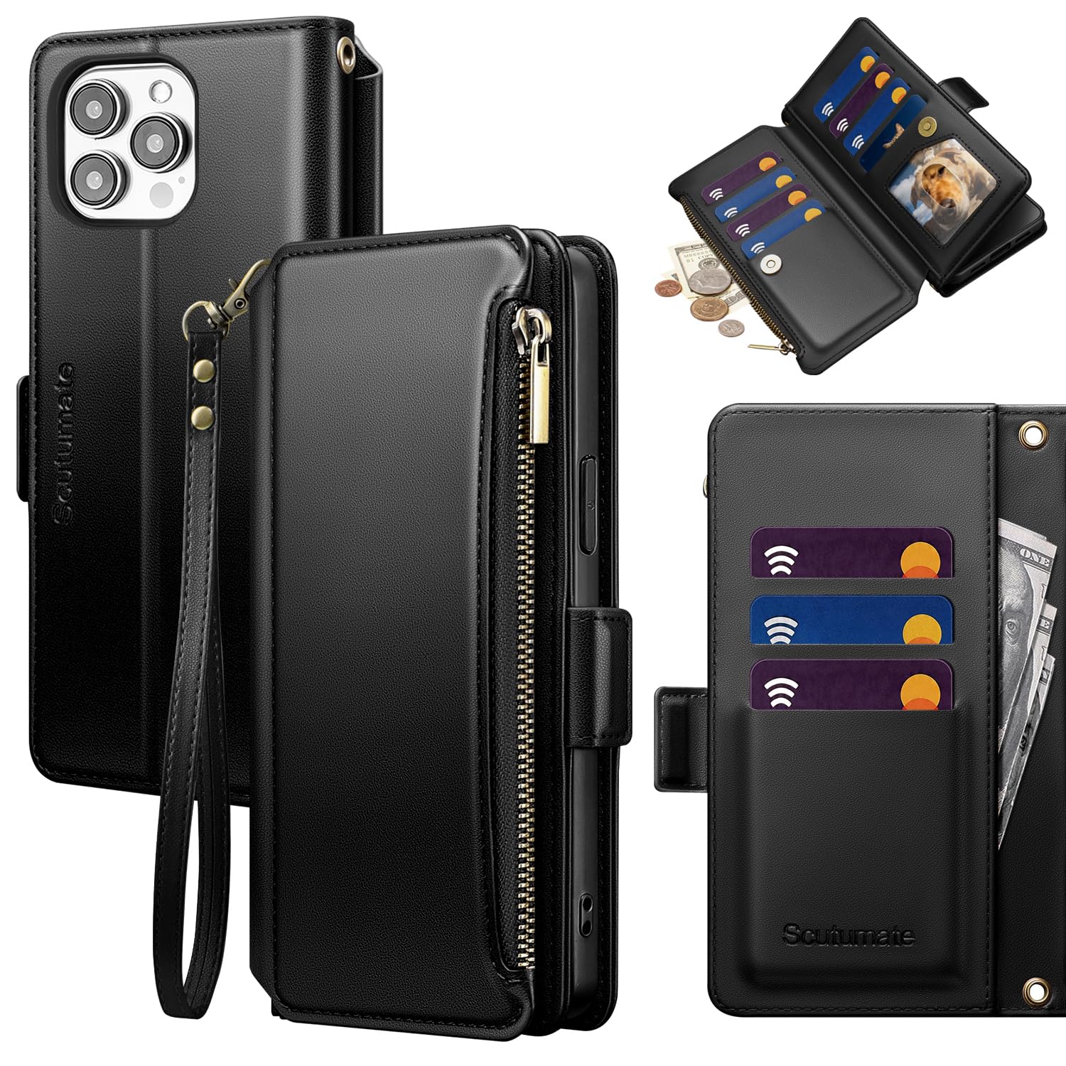 for iPhone 14 Pro Max Wallet Case with Card Holder,Black