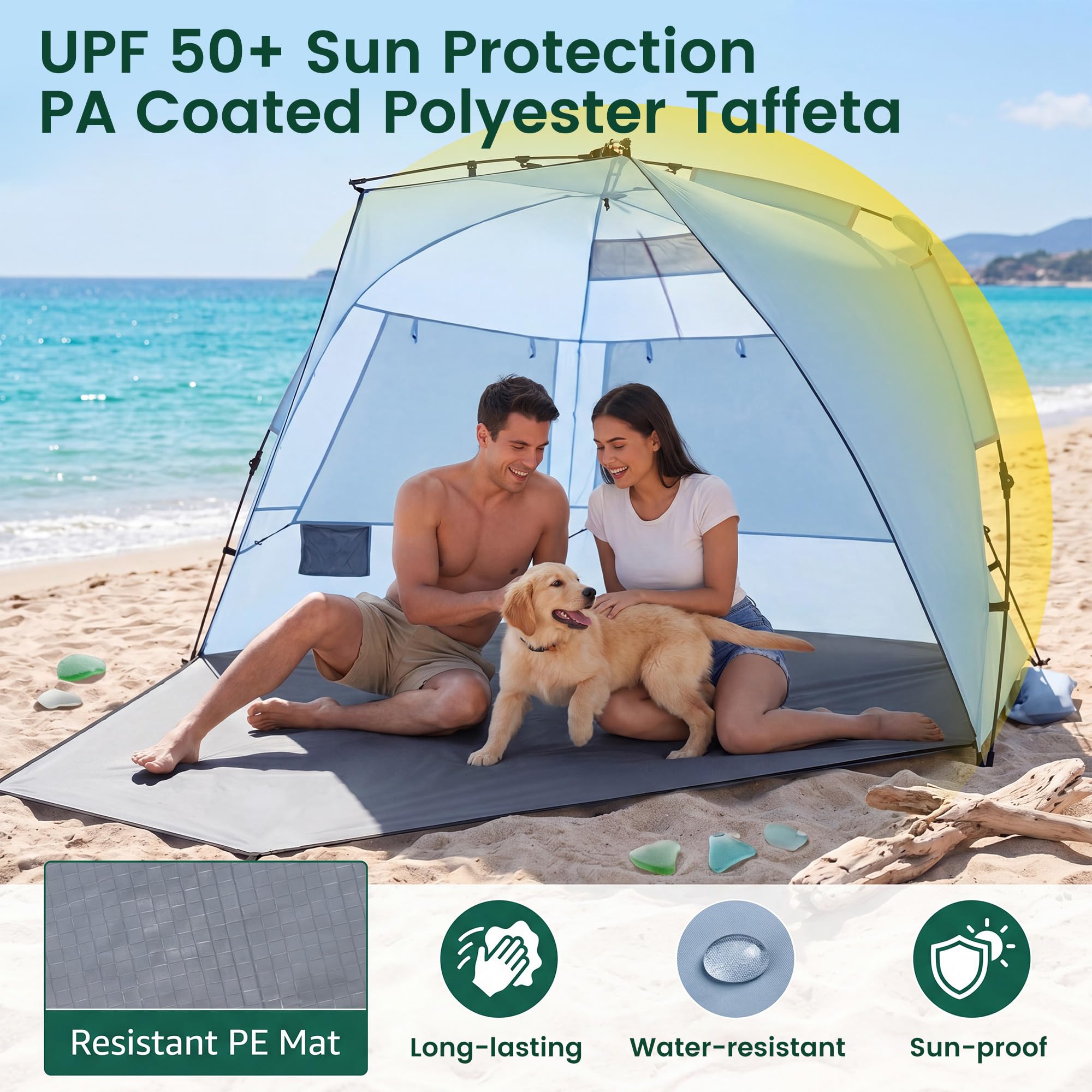 HOMASIS Tenda da Spiaggia a 3 Posti, Tenda Pieghevole Pop up Resistente e Antivento con Finestre e Tasce, in Tessuto Impermeabile, con Borsa da Trasporto, per Campeggio e Mare, 278 x 140 x 160 cm, Blu