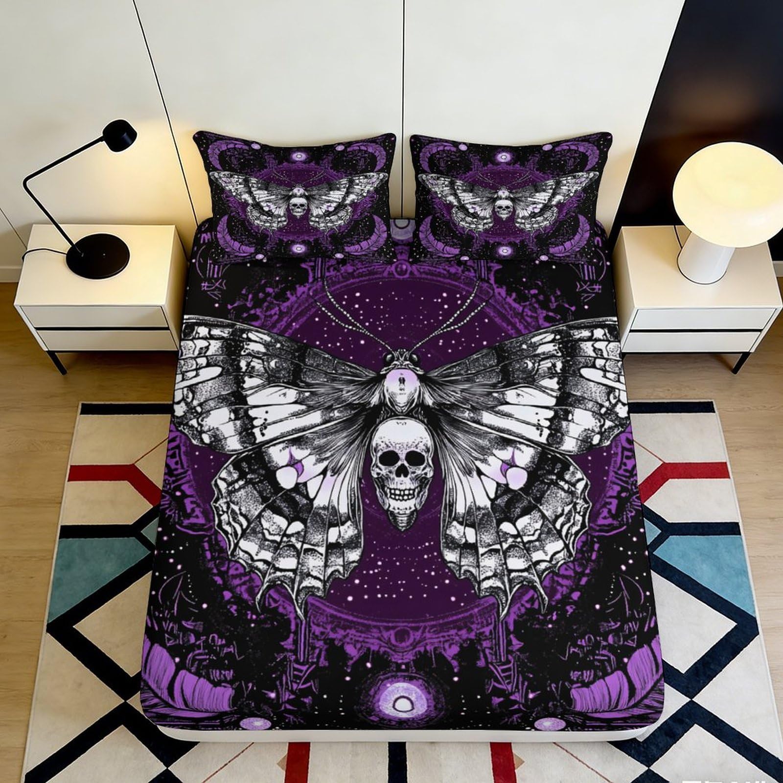Jqzkxnhpbr Style-8 3D Printed Gothic Skull Butterfly Fitted Sheet Microfiber Purple Bed Cover For Bedroom Decor Adult Youth 90X200x25cm