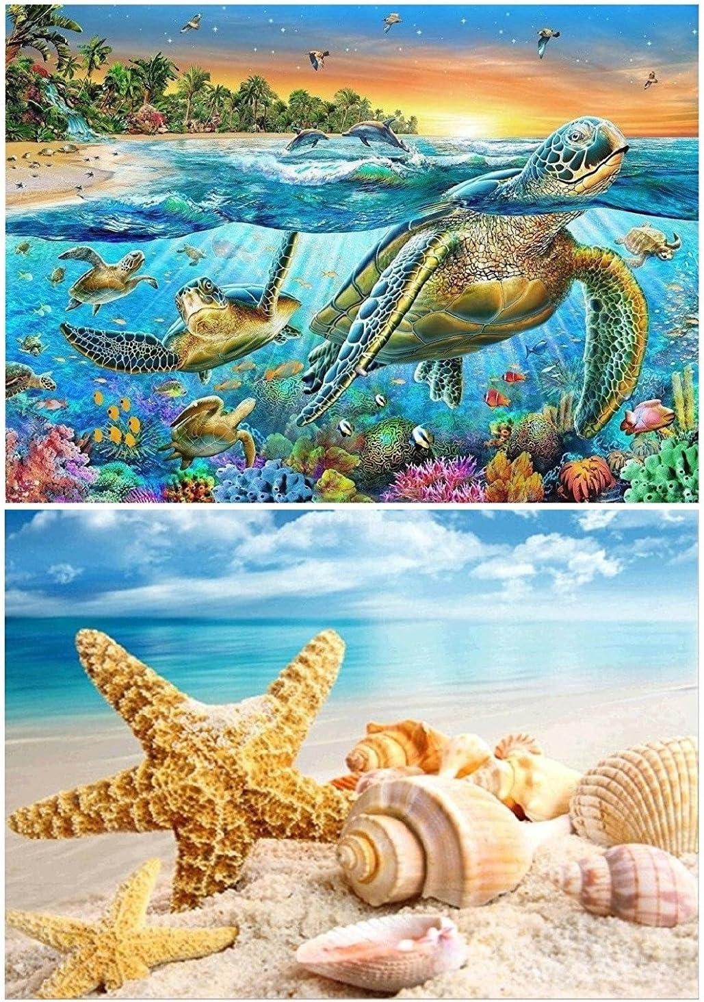 2 Packs Framed Paintings, 5D DIY Diamond Painting Set, Full Drill Diamond Painting Decorating Wall Stickers for Home Wall Decor, Sea Turtle and Starfish Seashell (40X30CM/16X12inch)
