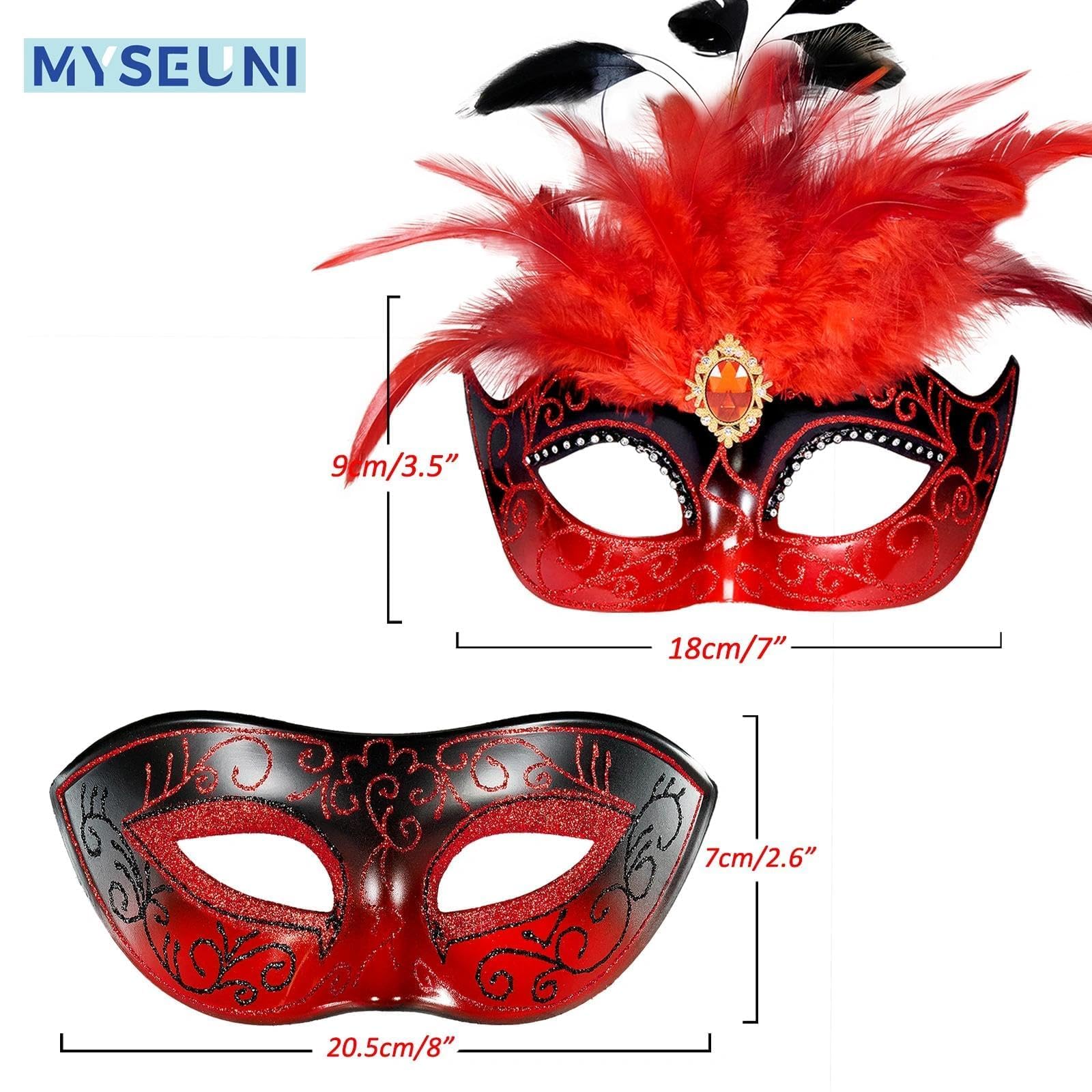 MYSEUNI 2025 Masquerade Venetian Mask Couples with Feathers - Image 2