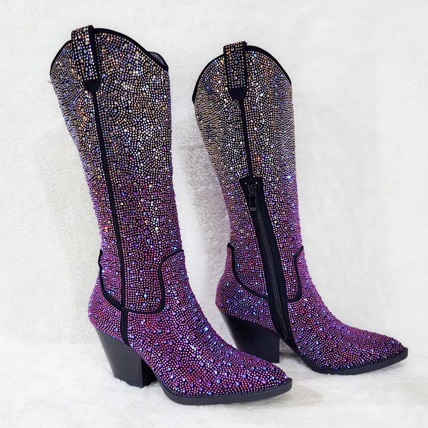 Forever Link Womens Pointed Toe Western Cowgirl Rhinestone Crystal Block Heel Mid Calf Boots