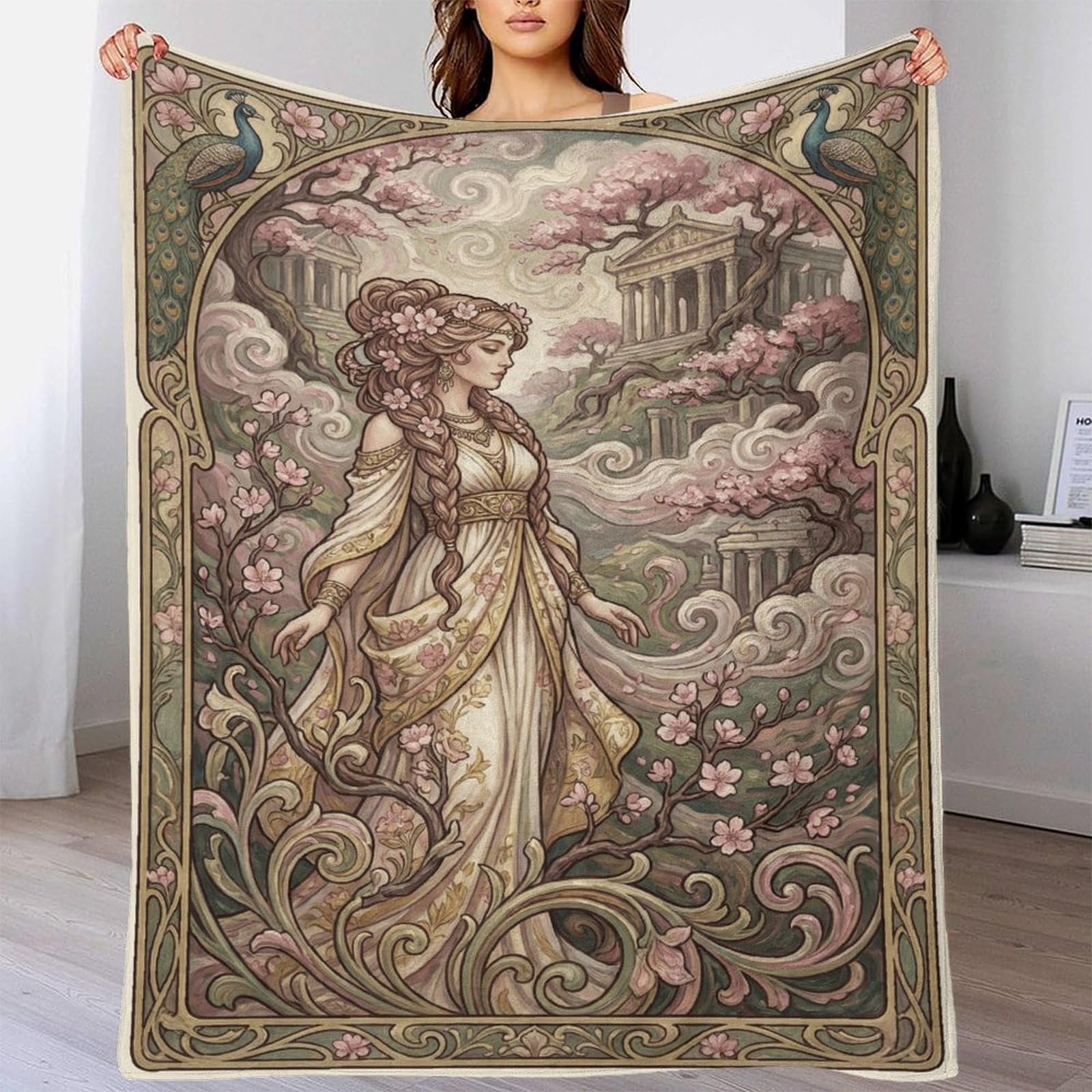 H3B8U2Y5 Art Nouveau Mucha Goddess Flannel Throw Blanket, Car Travel Couch